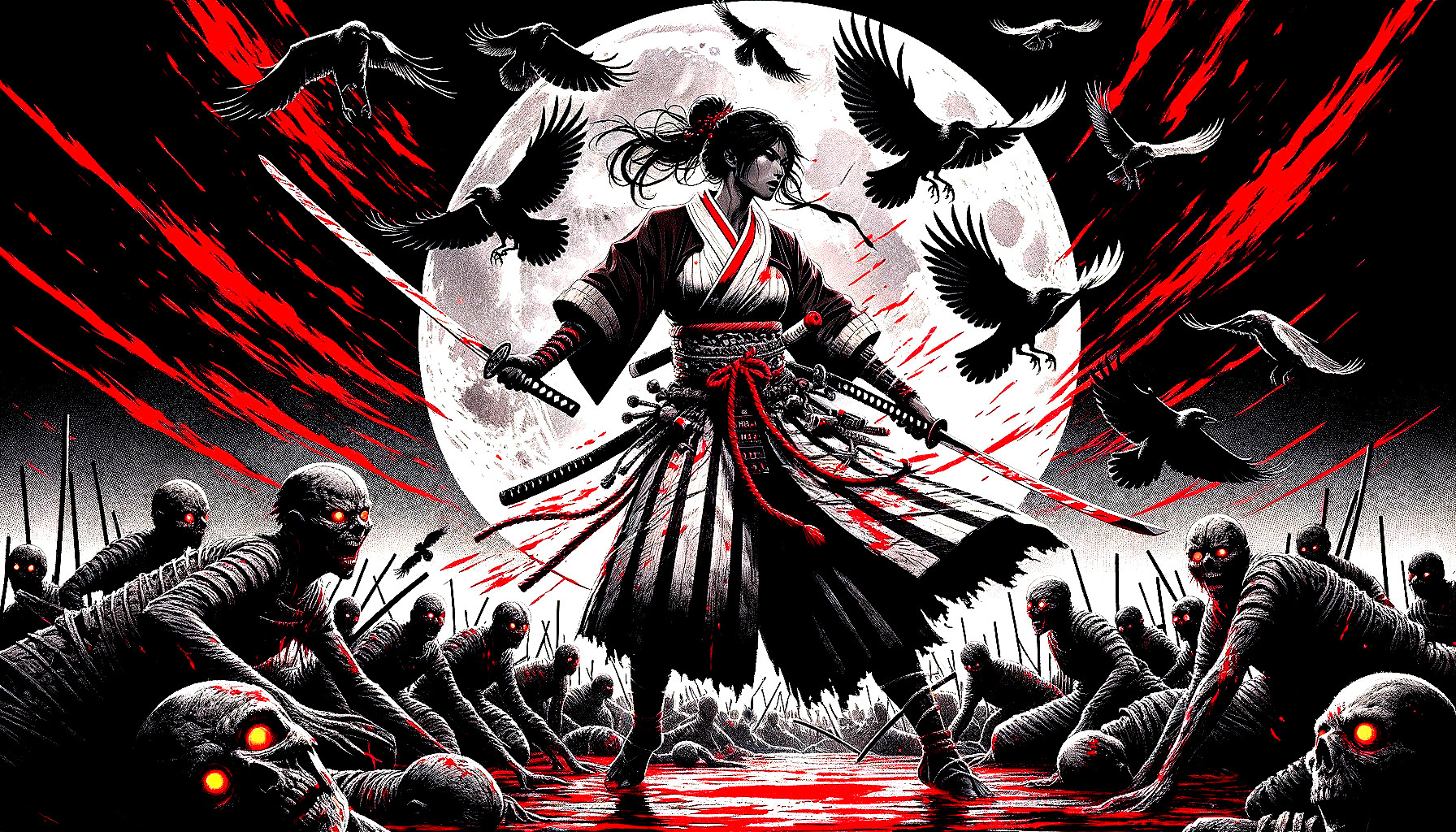 Warrior with Katana Amidst Skeletal Figures and Moonlight