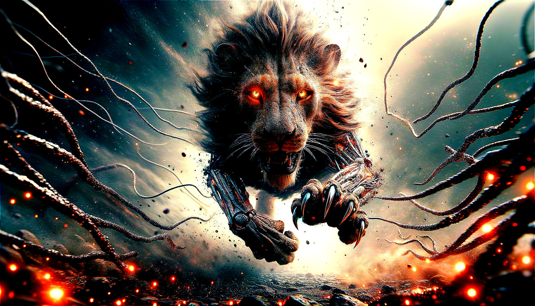 Fierce Lion with Glowing Eyes Surrounded by Energy