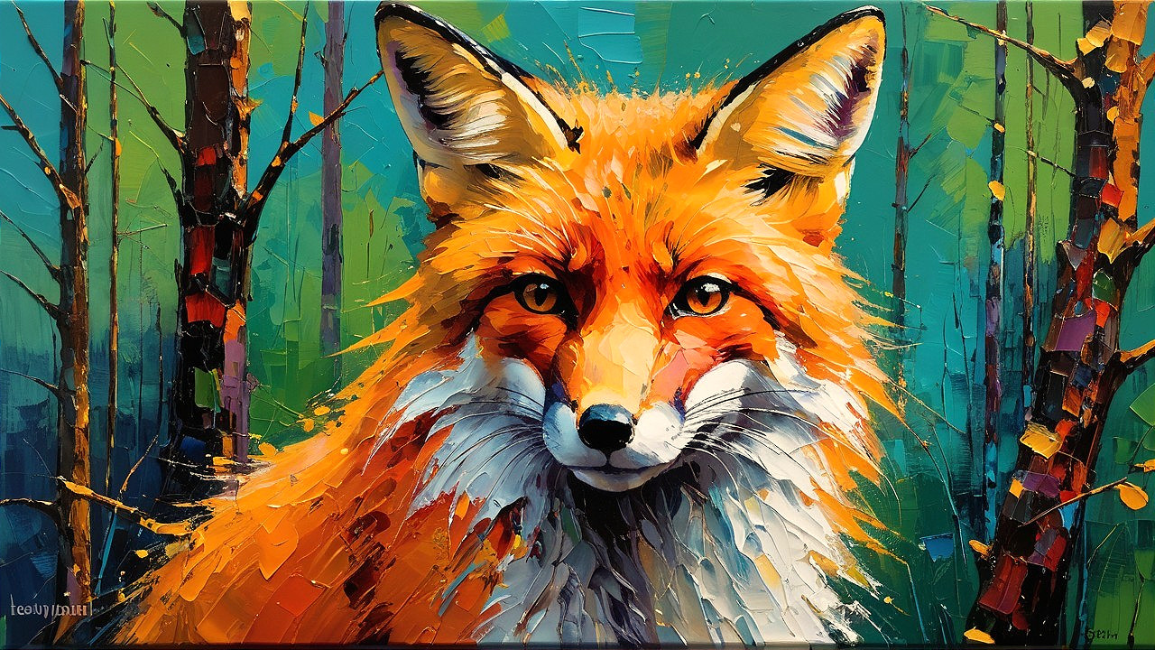 Vibrant Fox Artwork with Abstract Green Trees
