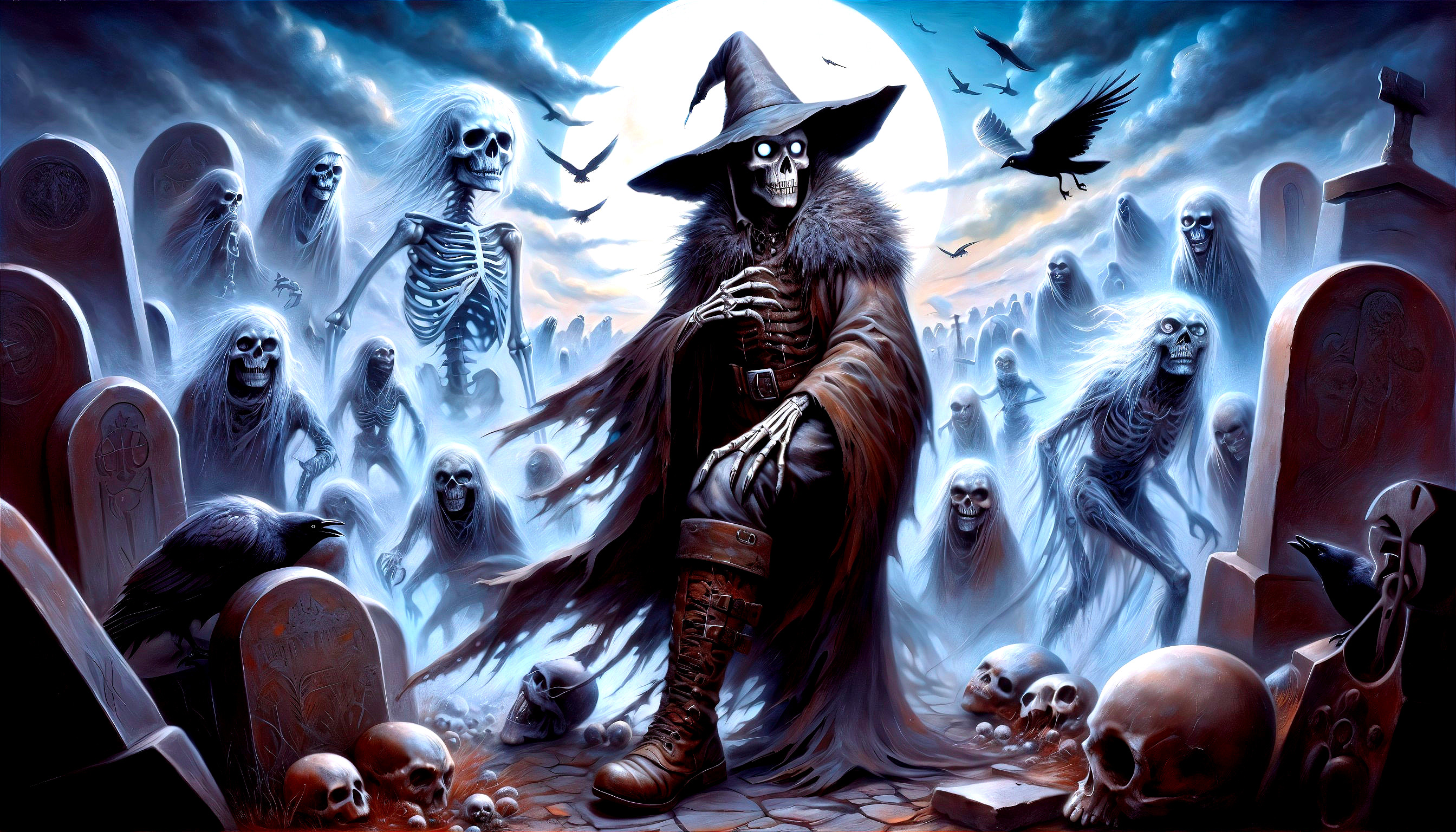 Skeletal Figures in a Moonlit Graveyard Scene