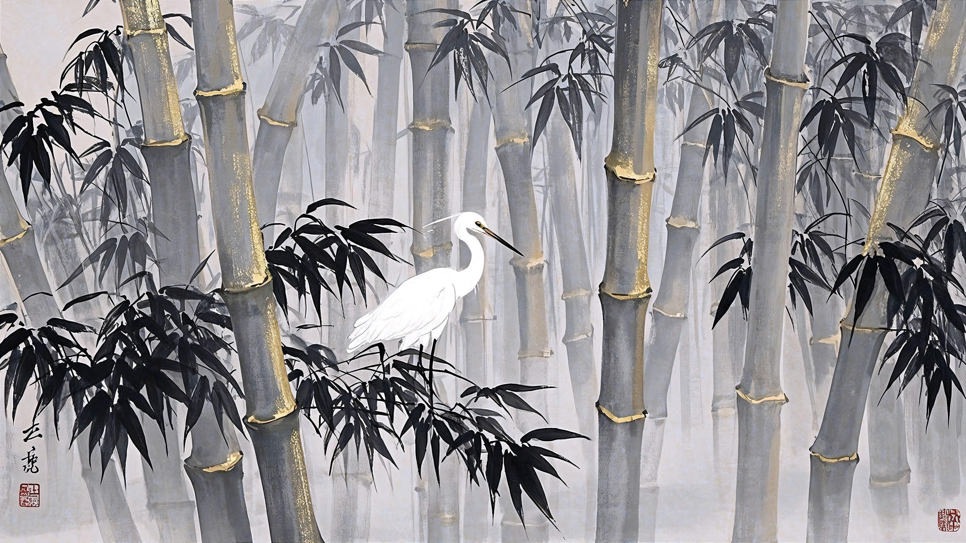 Serene Bamboo Landscape with White Heron Details