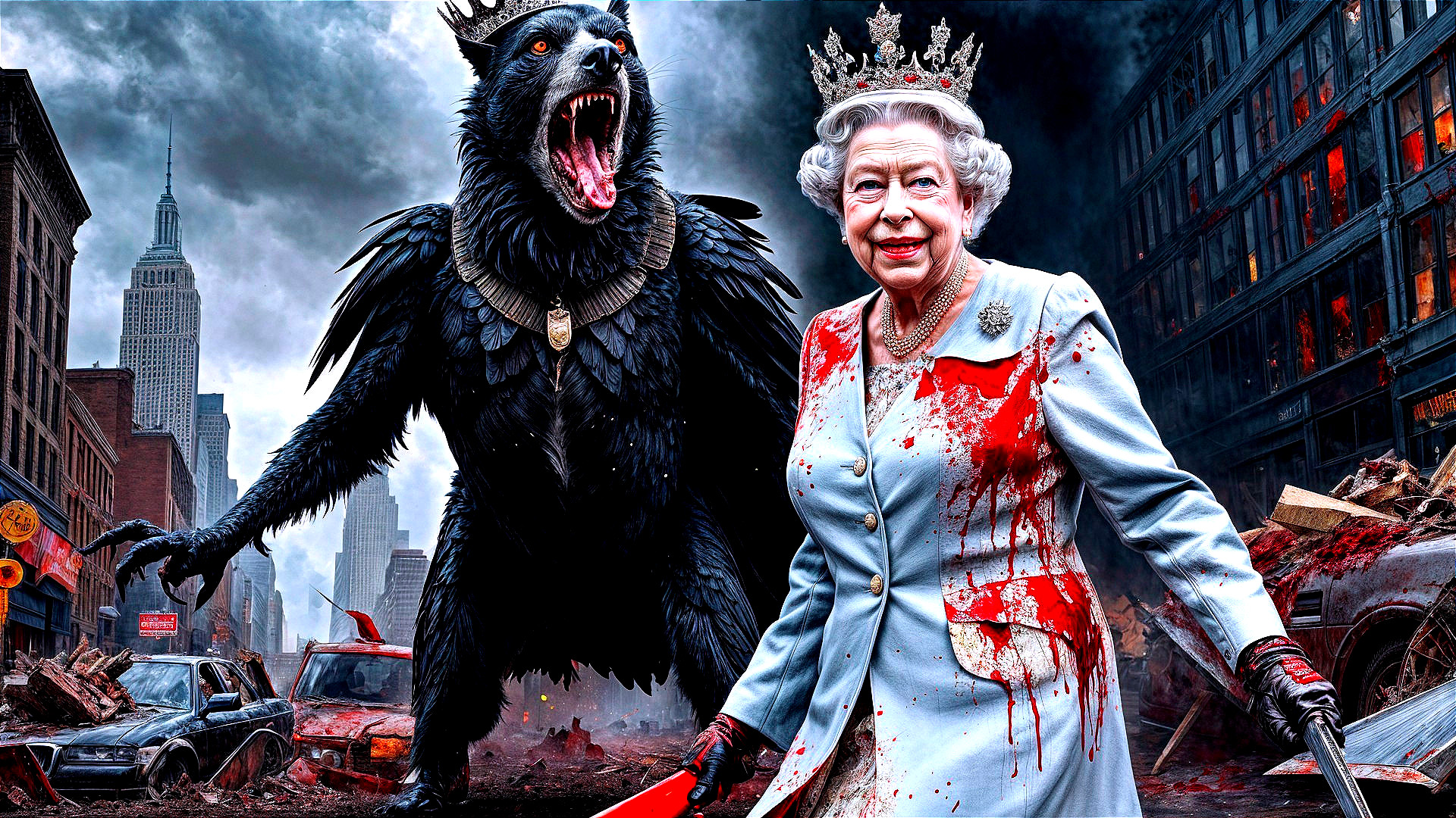 Dystopian Queen and Menacing Creature in Ruined City