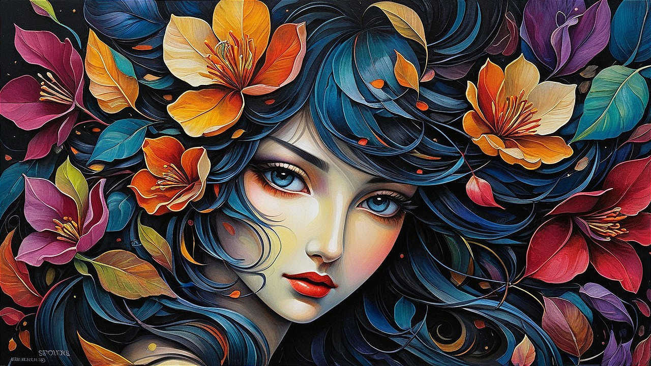 Portrait of a woman with blue hair and floral accents