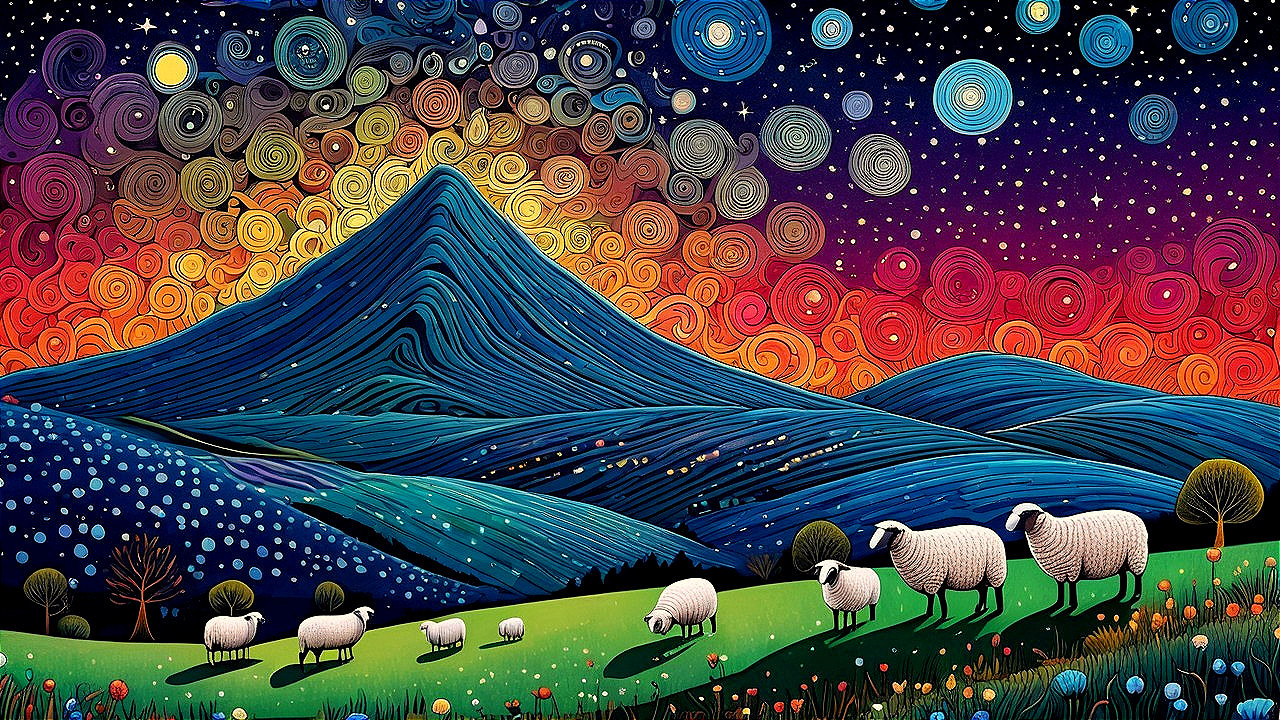 Colorful Stylized Landscape with Mountain and Sheep