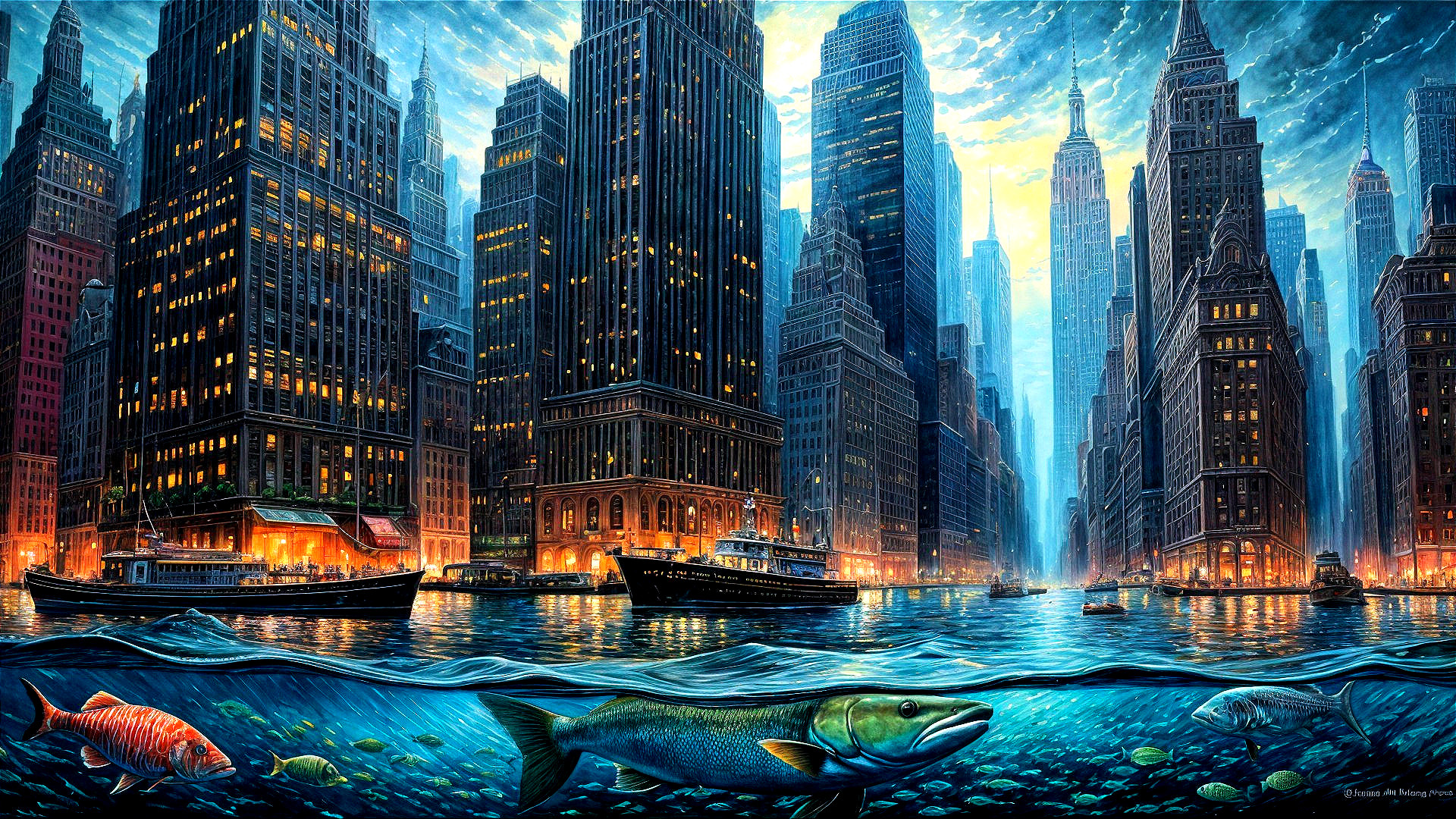 Vibrant City Skyline and Colorful Fish at Dusk
