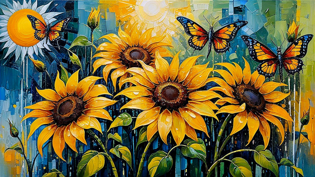 Vibrant Sunflowers Surrounded by Butterflies and Sunlight