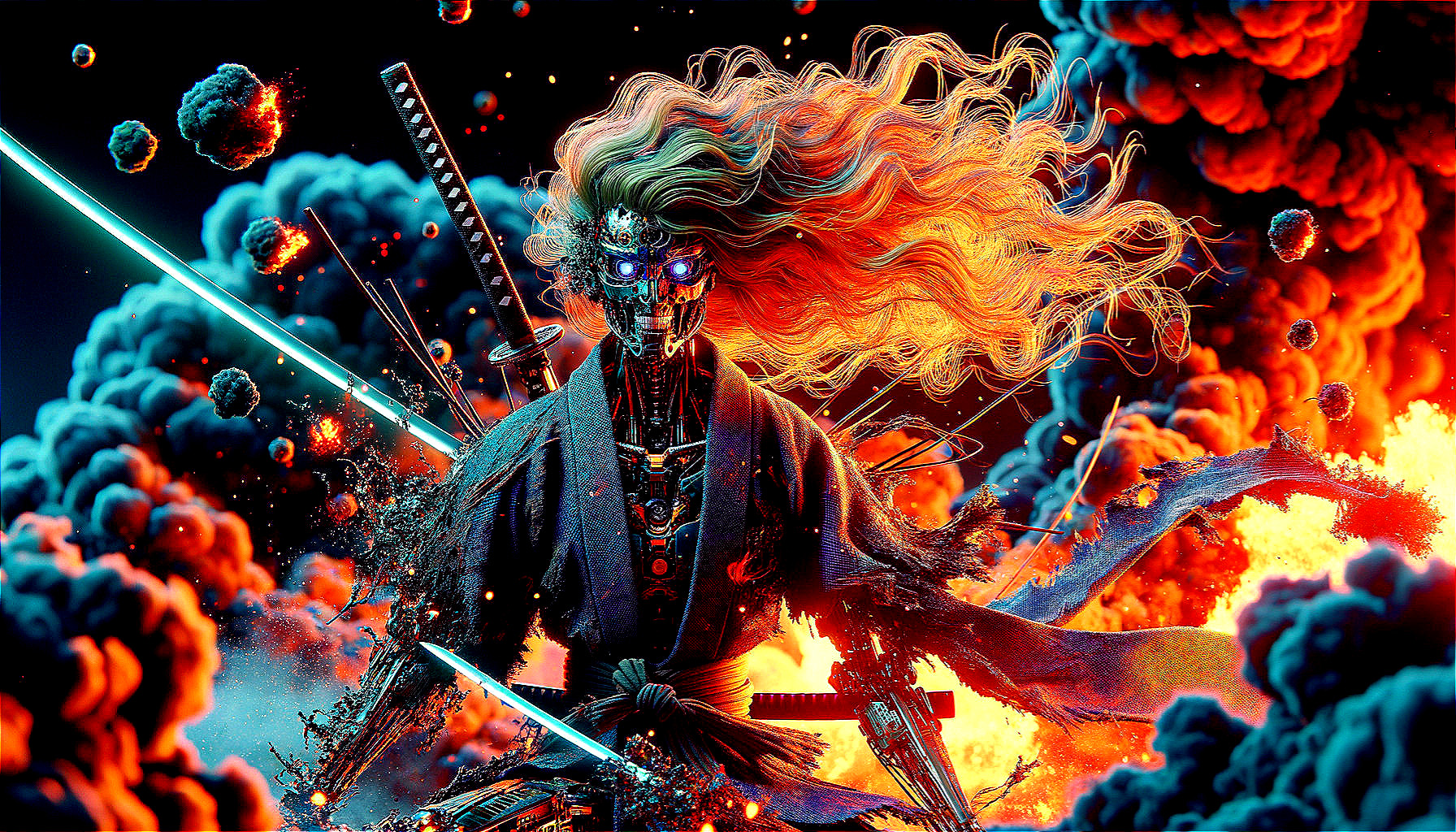 Futuristic Warrior in Chaotic Orange and Blue Scene