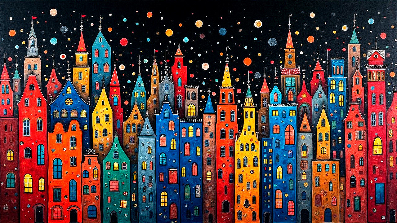 Vibrant Nighttime City Skyline with Colorful Buildings