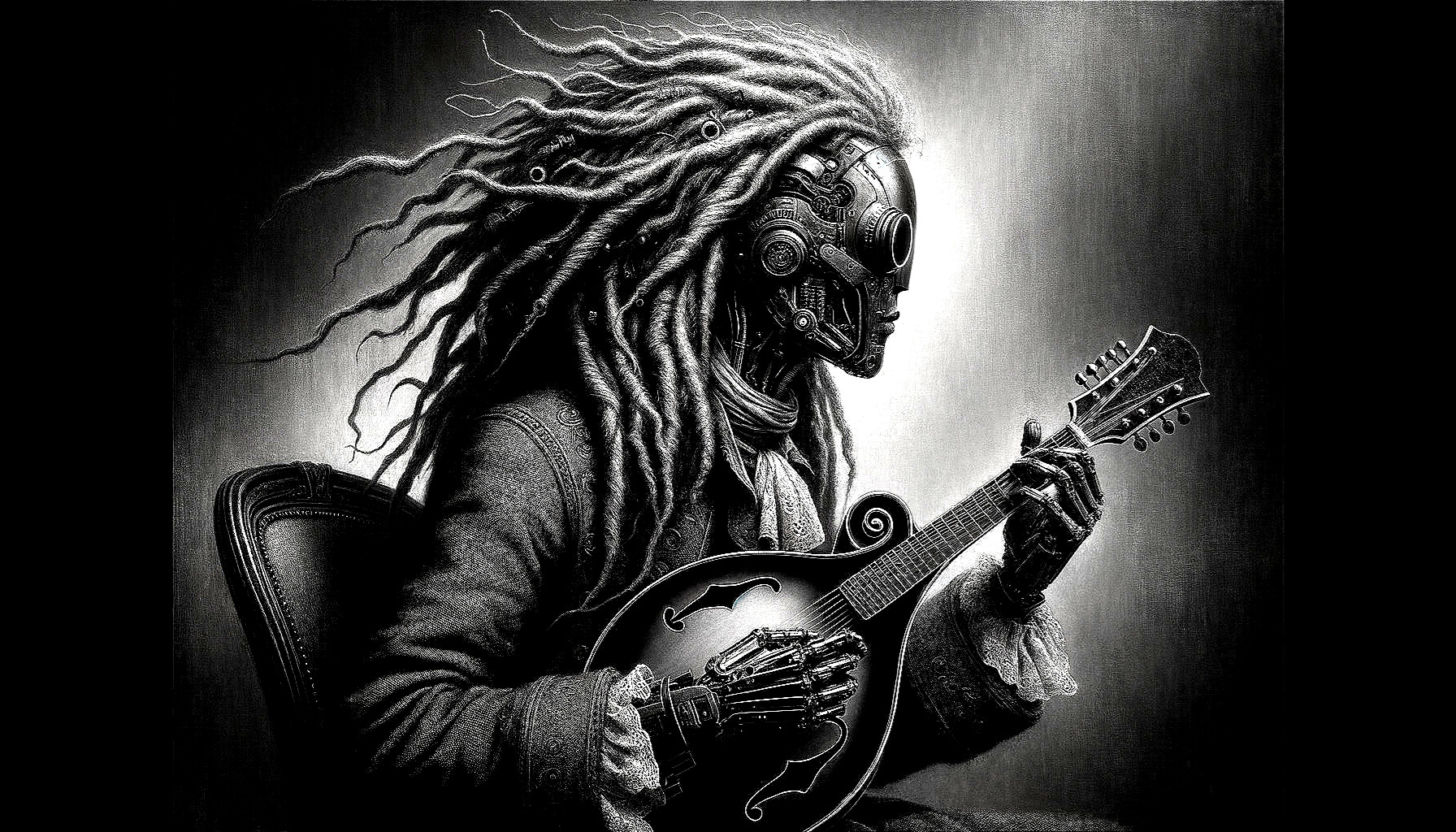 Monochrome Image of Person with Dreadlocks and Guitar