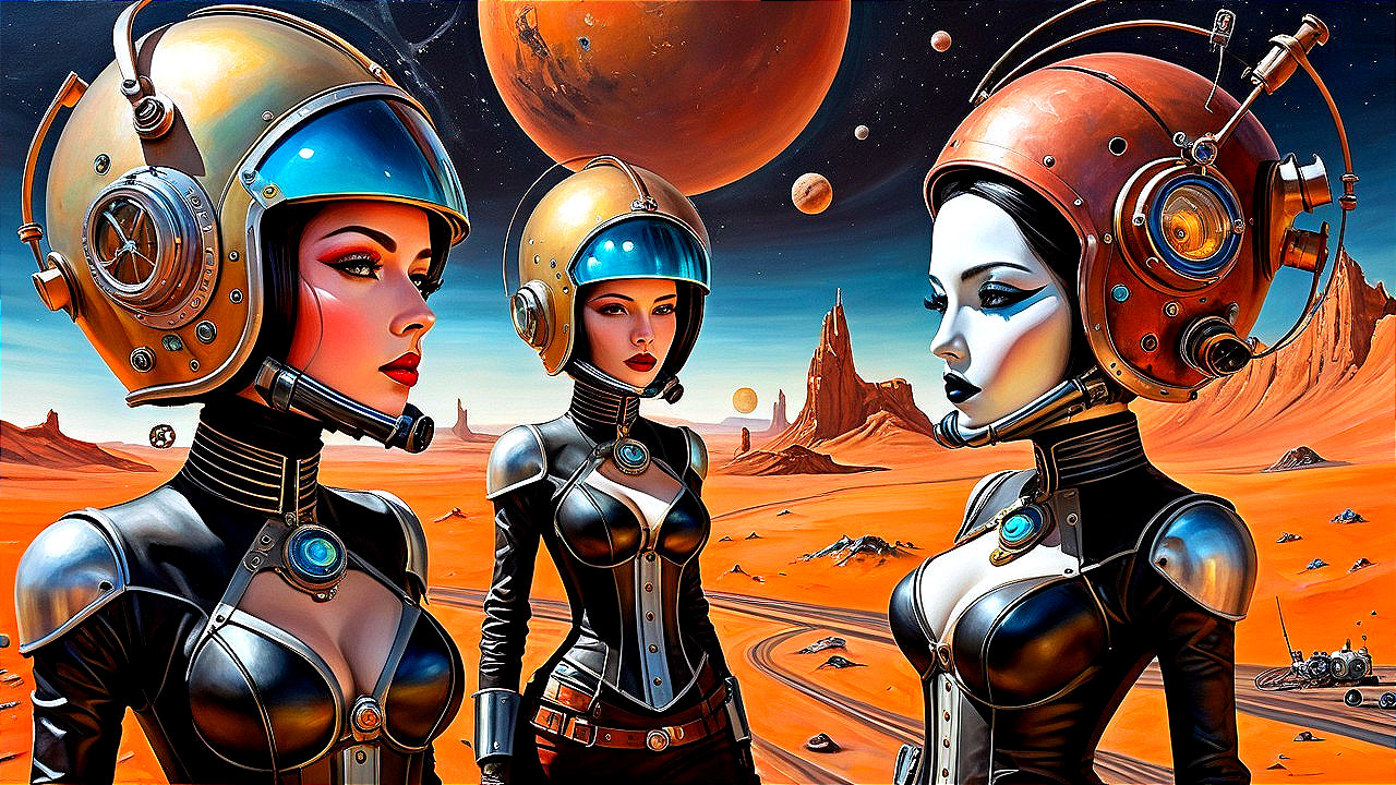 Futuristic Women in Spacesuits on Martian Landscape