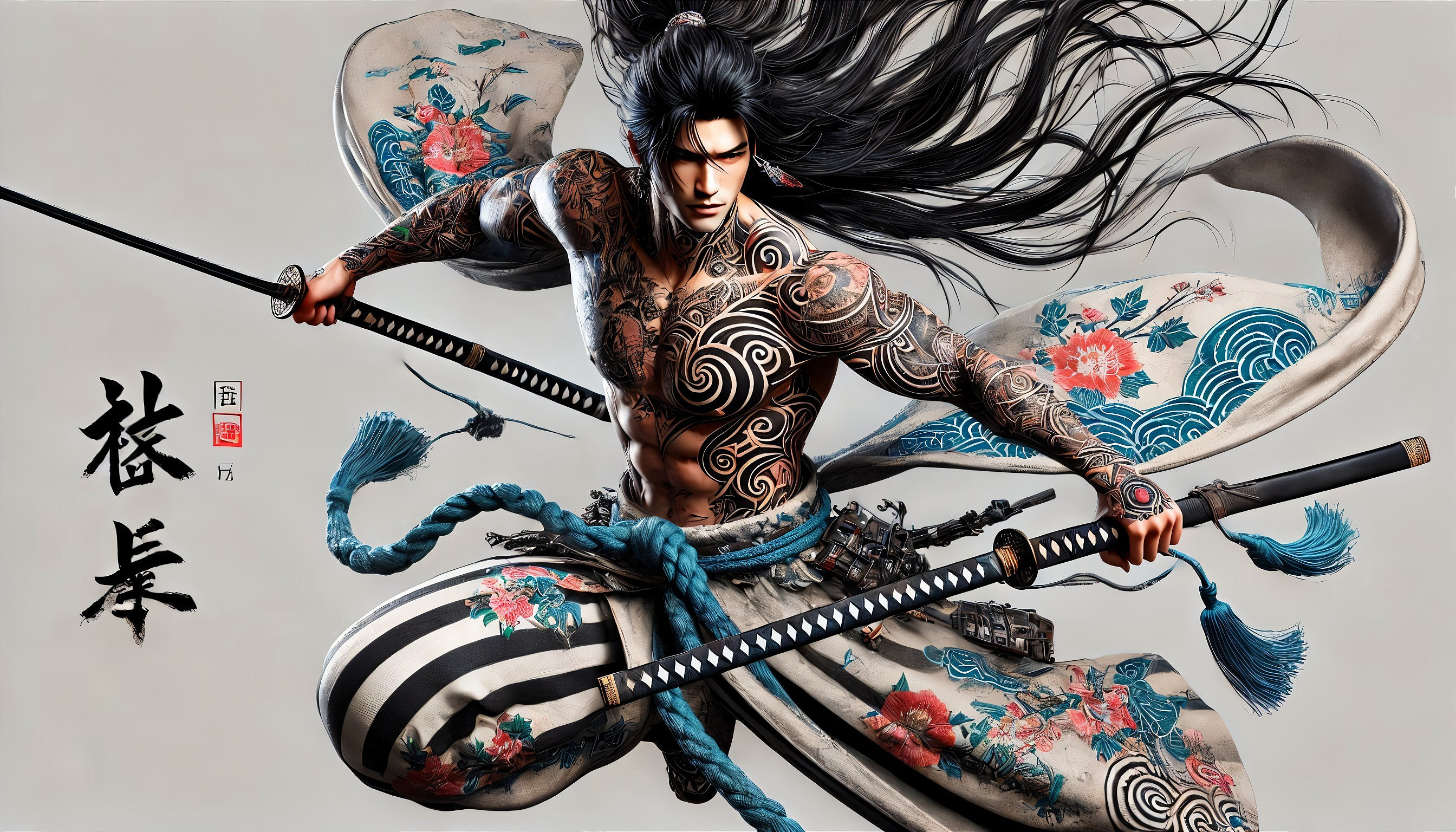 Dynamic Samurai Figure with Intricate Tattoos and Kimono
