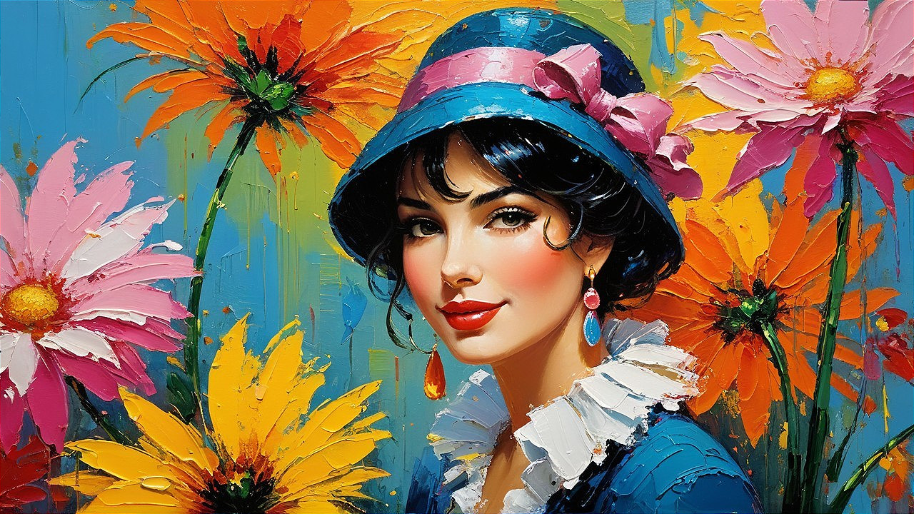 Vibrant Oil Painting of Woman in Blue Hat and Flowers