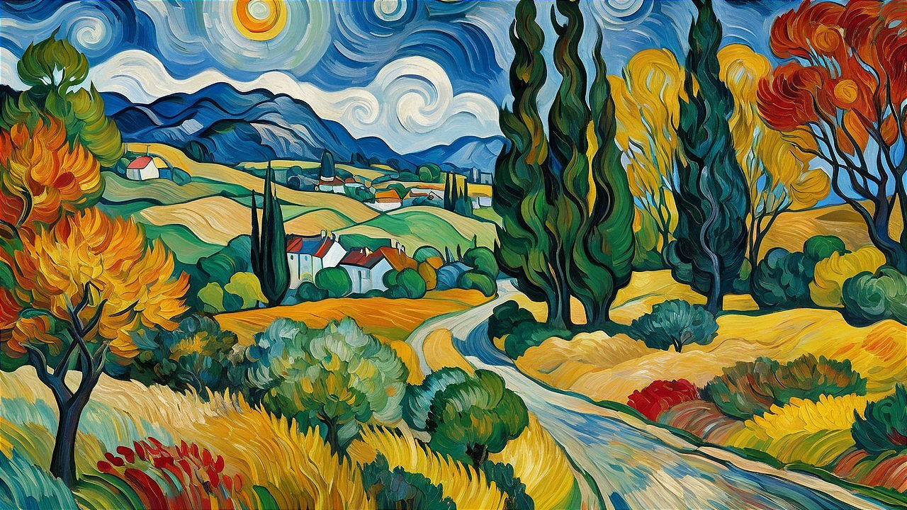 Vibrant Landscape with Blue Skies and Rolling Hills