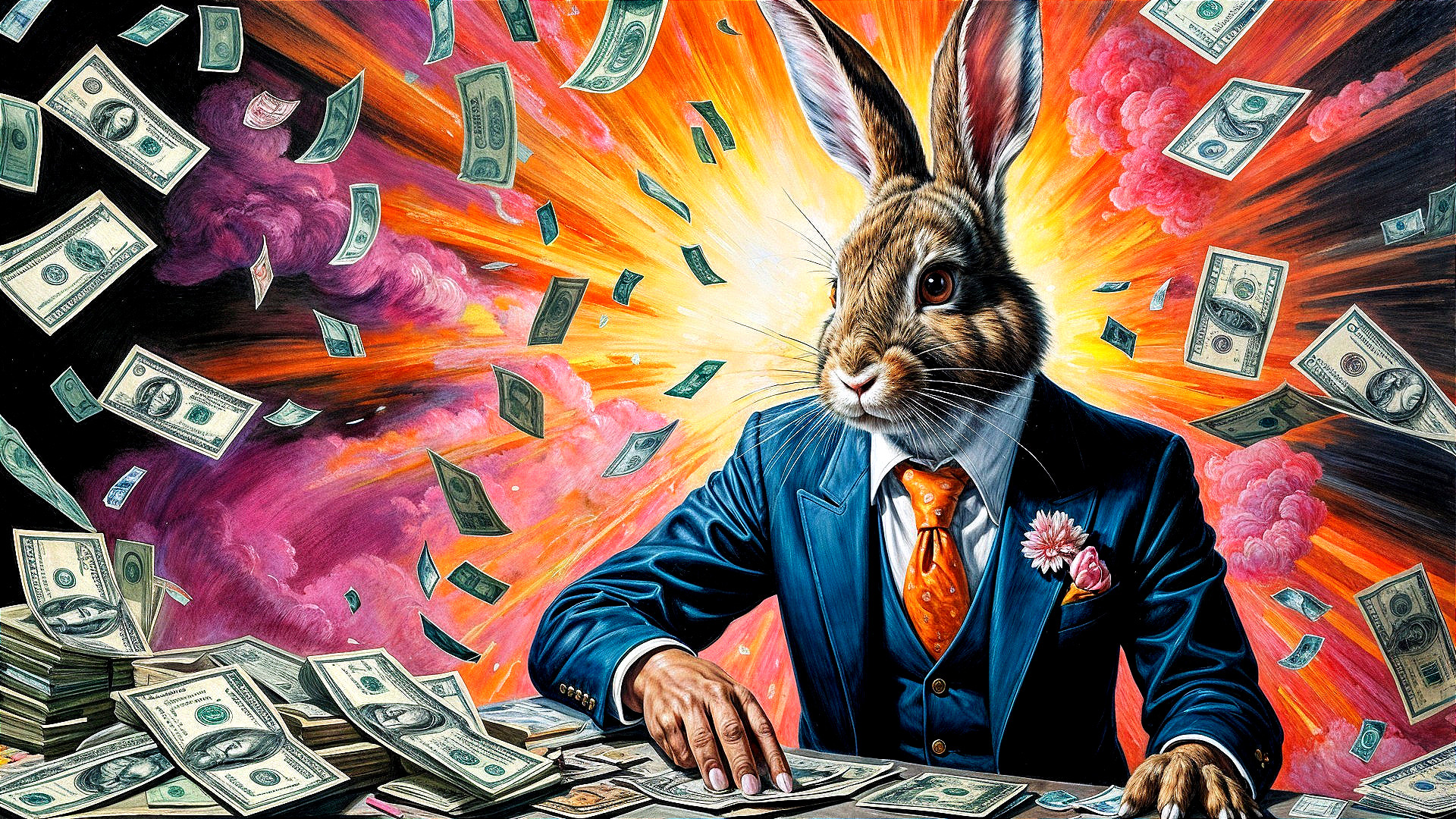 Rabbit in Suit Surrounded by Cash and Vibrant Colors