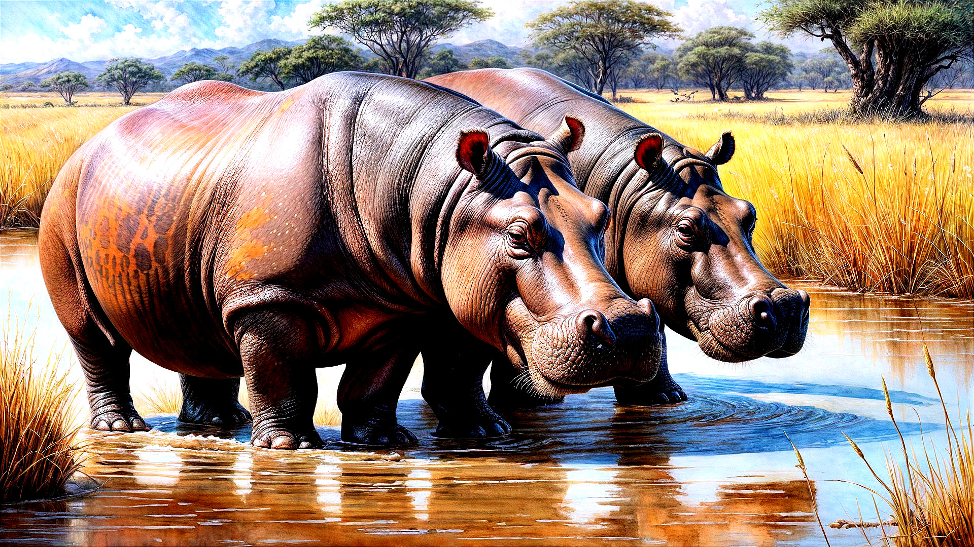 Hippos in a Serene Waterhole on the African Savanna