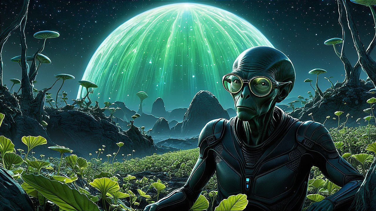 Futuristic Alien in Bioluminescent Landscape Scene
