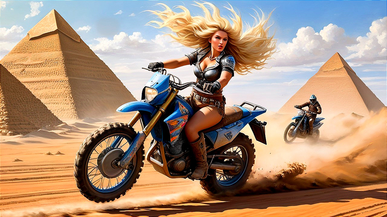 Fierce Female Rider on Motorcycle Near Pyramids