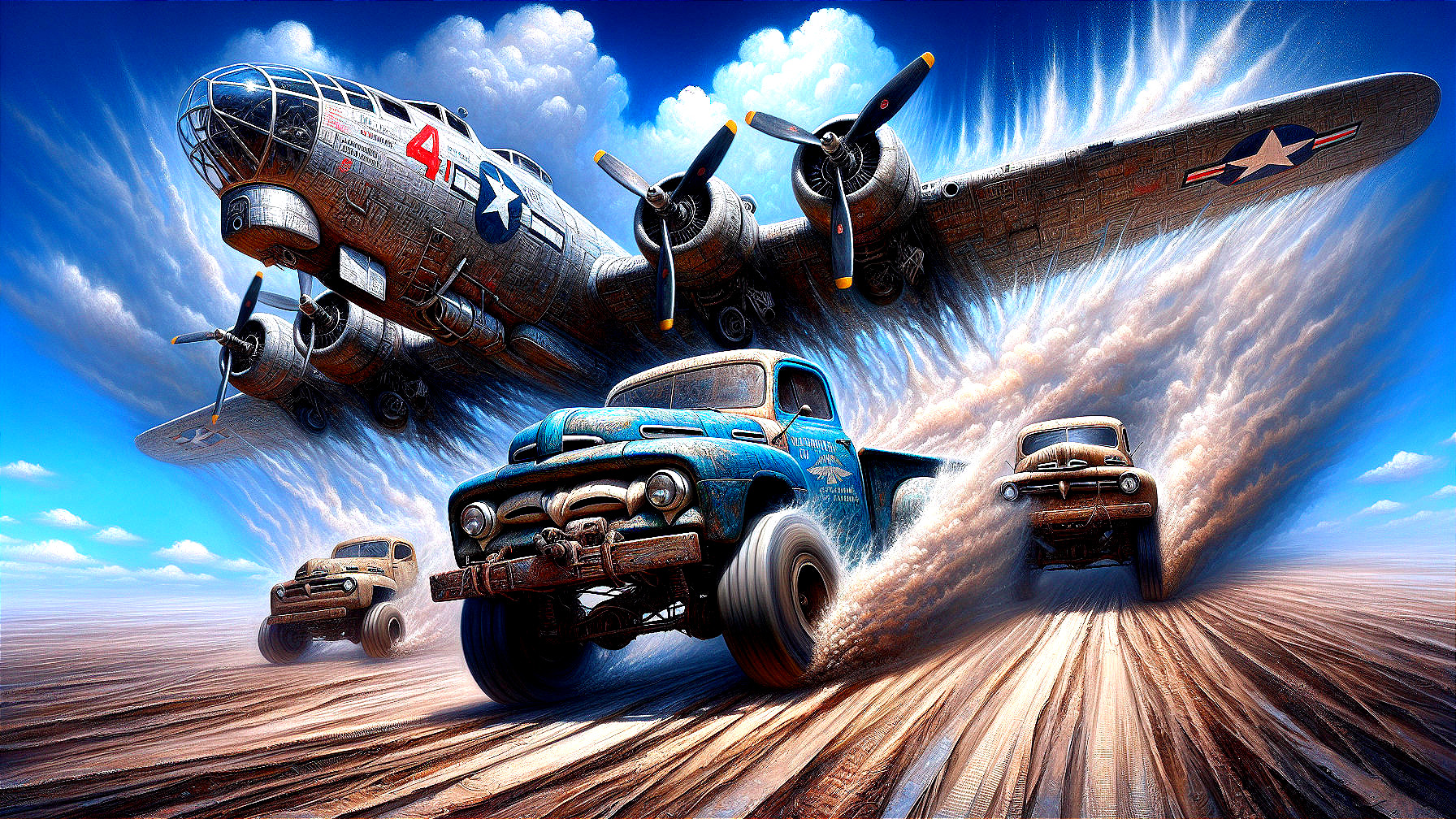 Vintage military bomber over classic pickup trucks racing