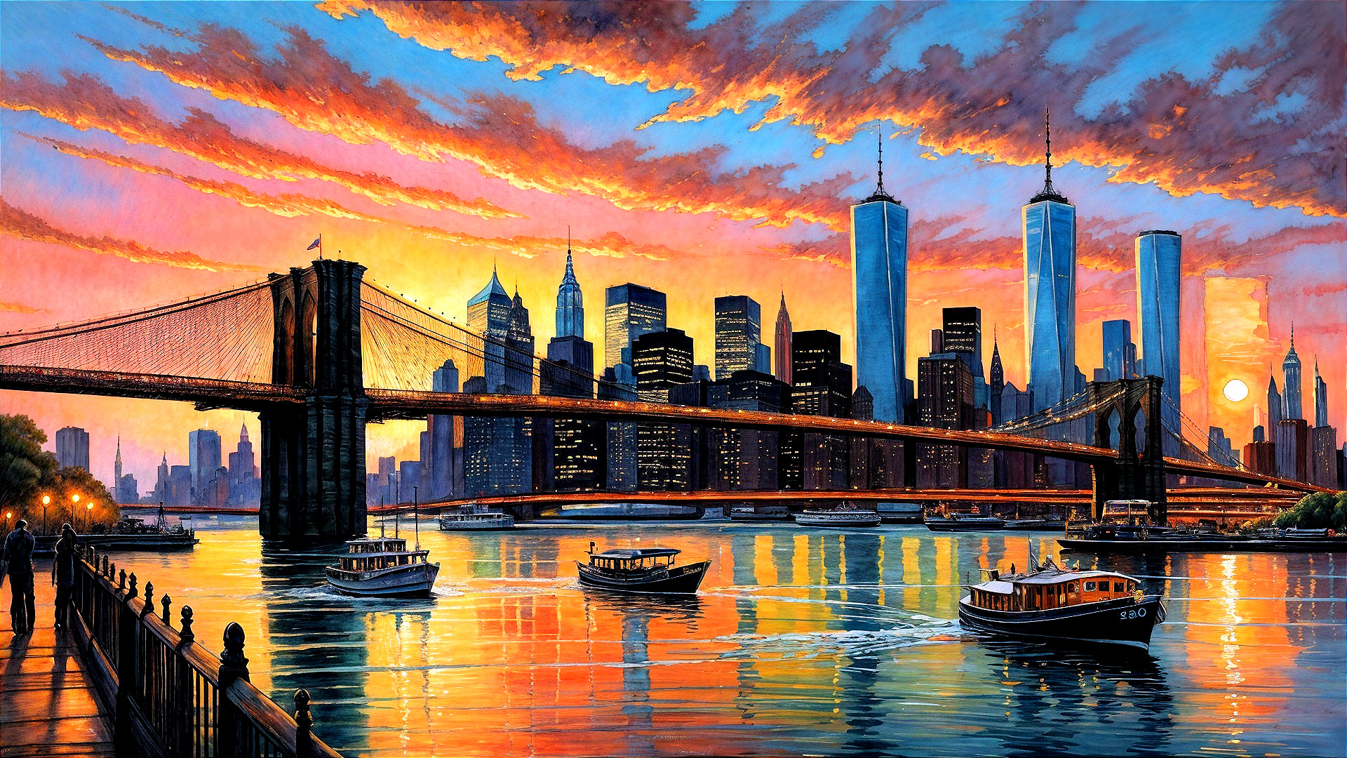 Vibrant Sunset Over New York City Skyline and Bridge