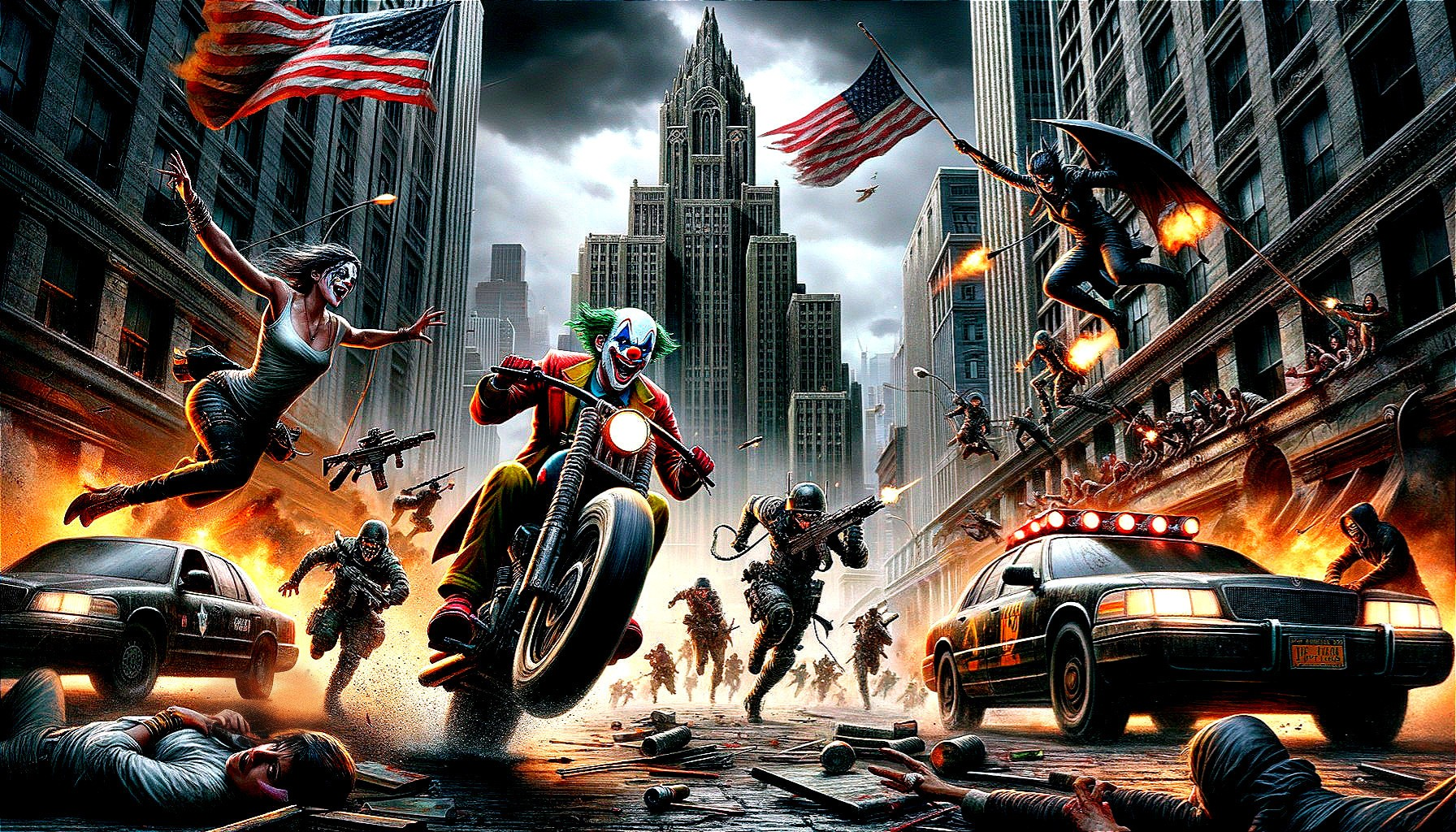 Chaotic Urban Scene with Clown Character and Turmoil