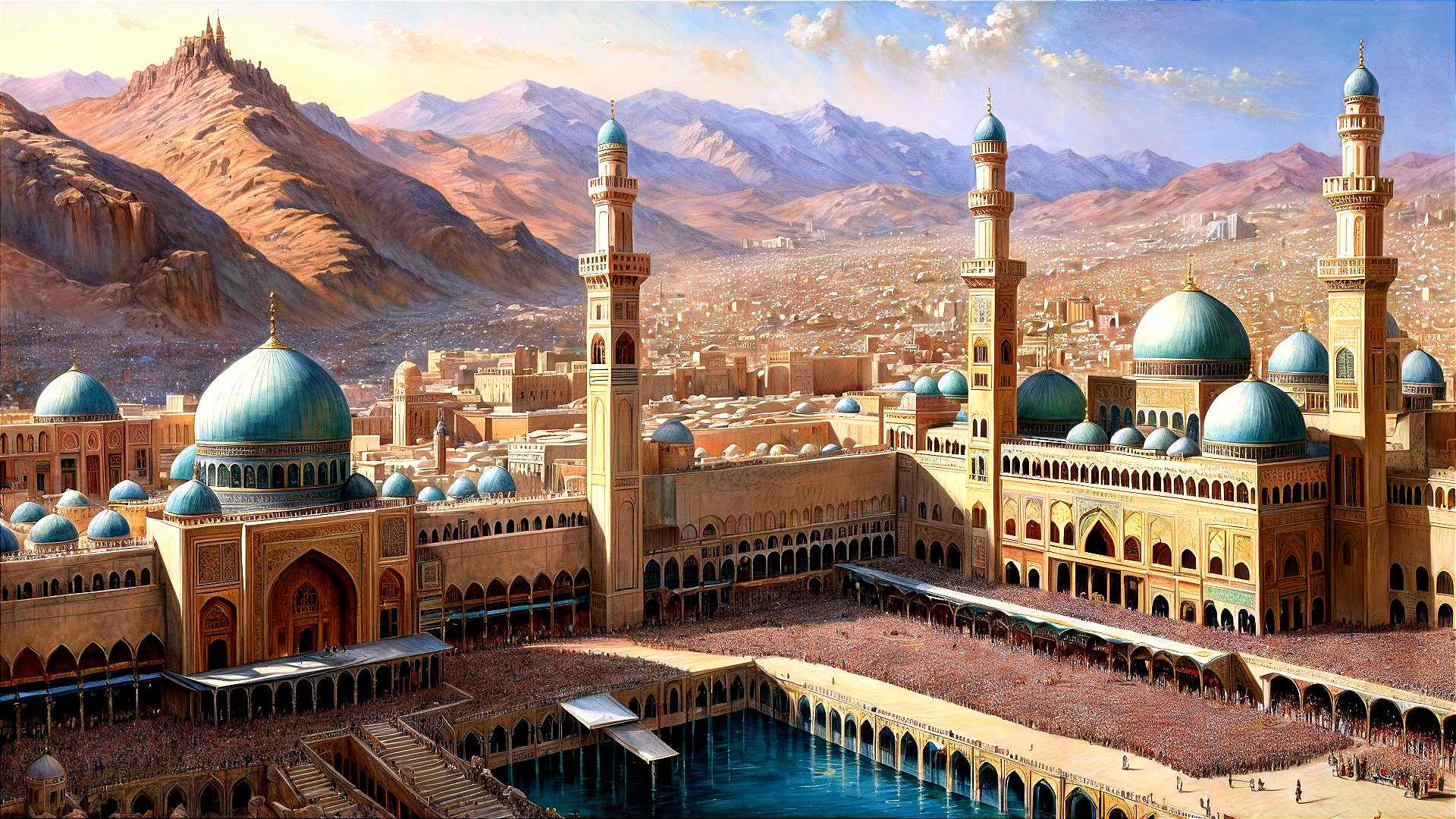 Grand Mosque Complex with Turquoise Domes and Minarets