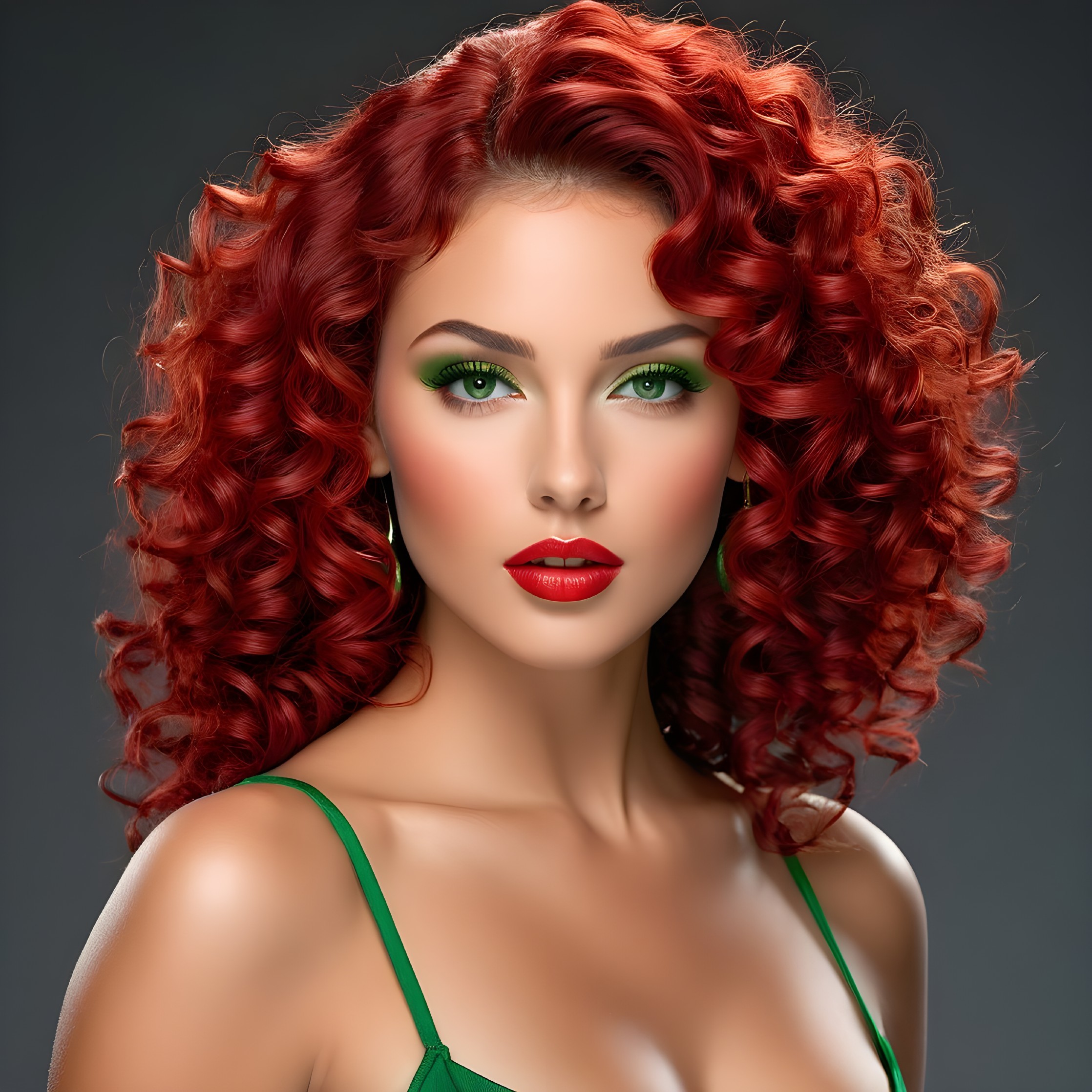 Portrait of a woman with red hair and green outfit