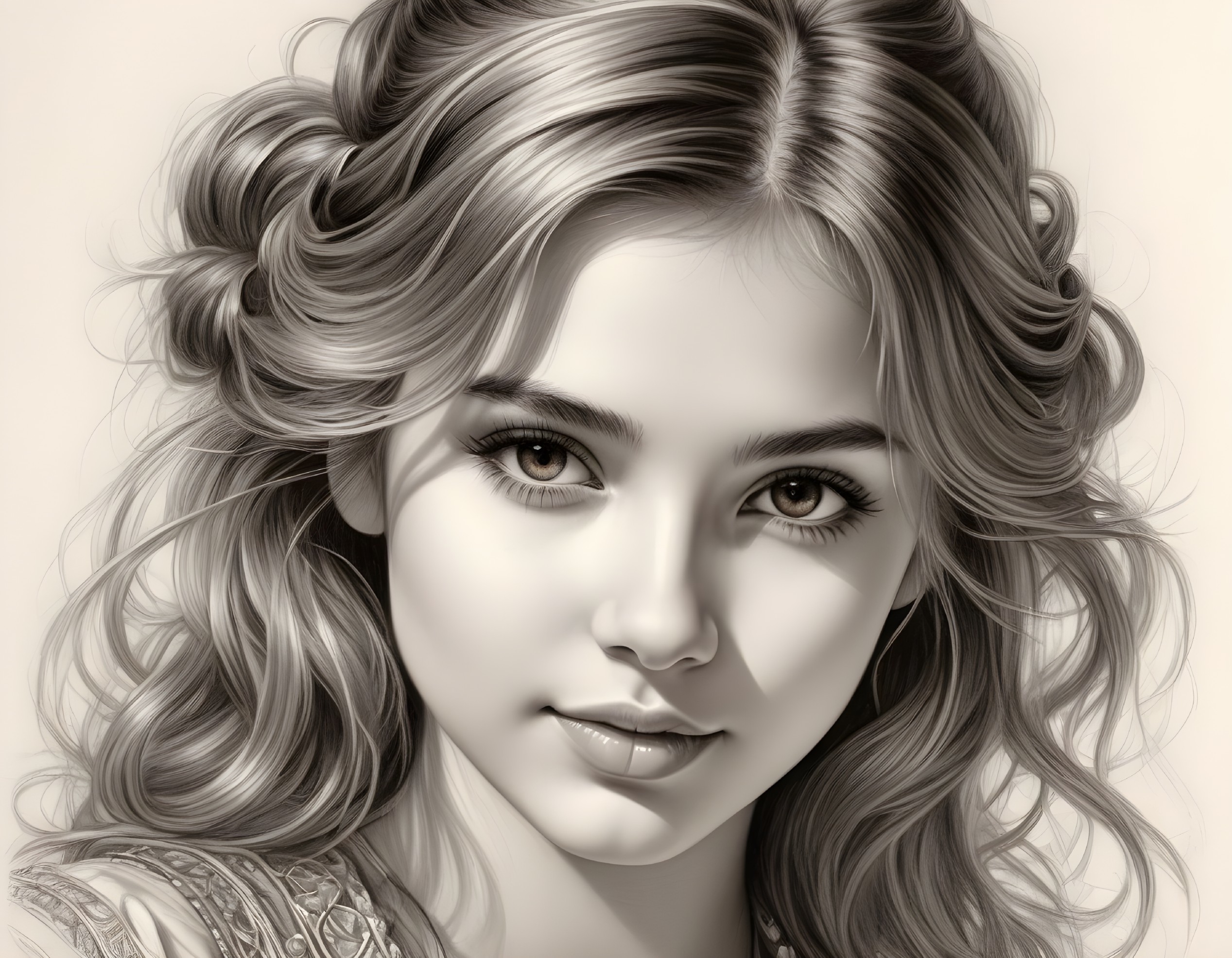 Grayscale Digital Portrait of a Young Woman with Braids