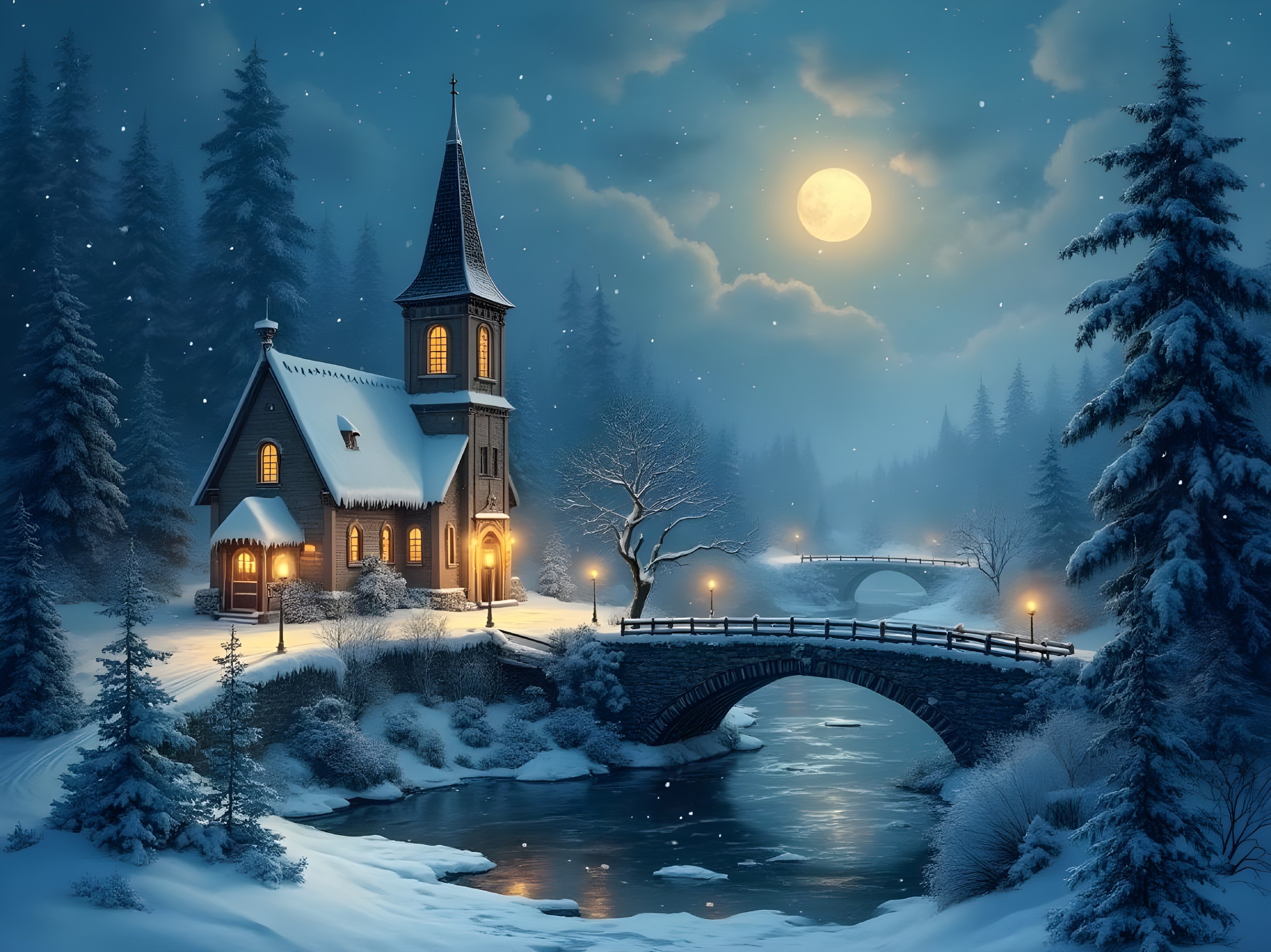 Serene Winter Scene with Church and Snowy Landscape