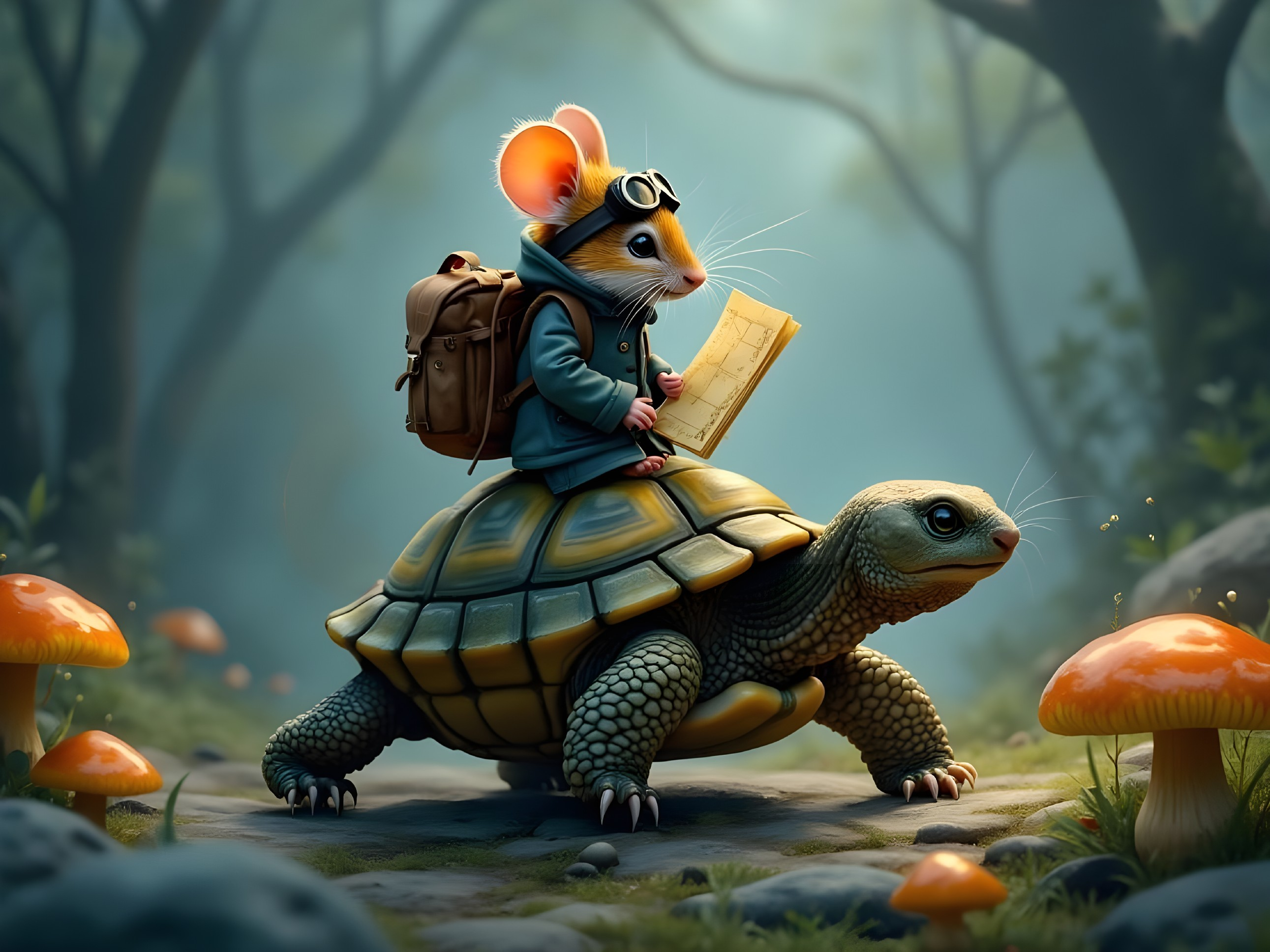 Mouse with Goggles on Turtle in Enchanted Forest