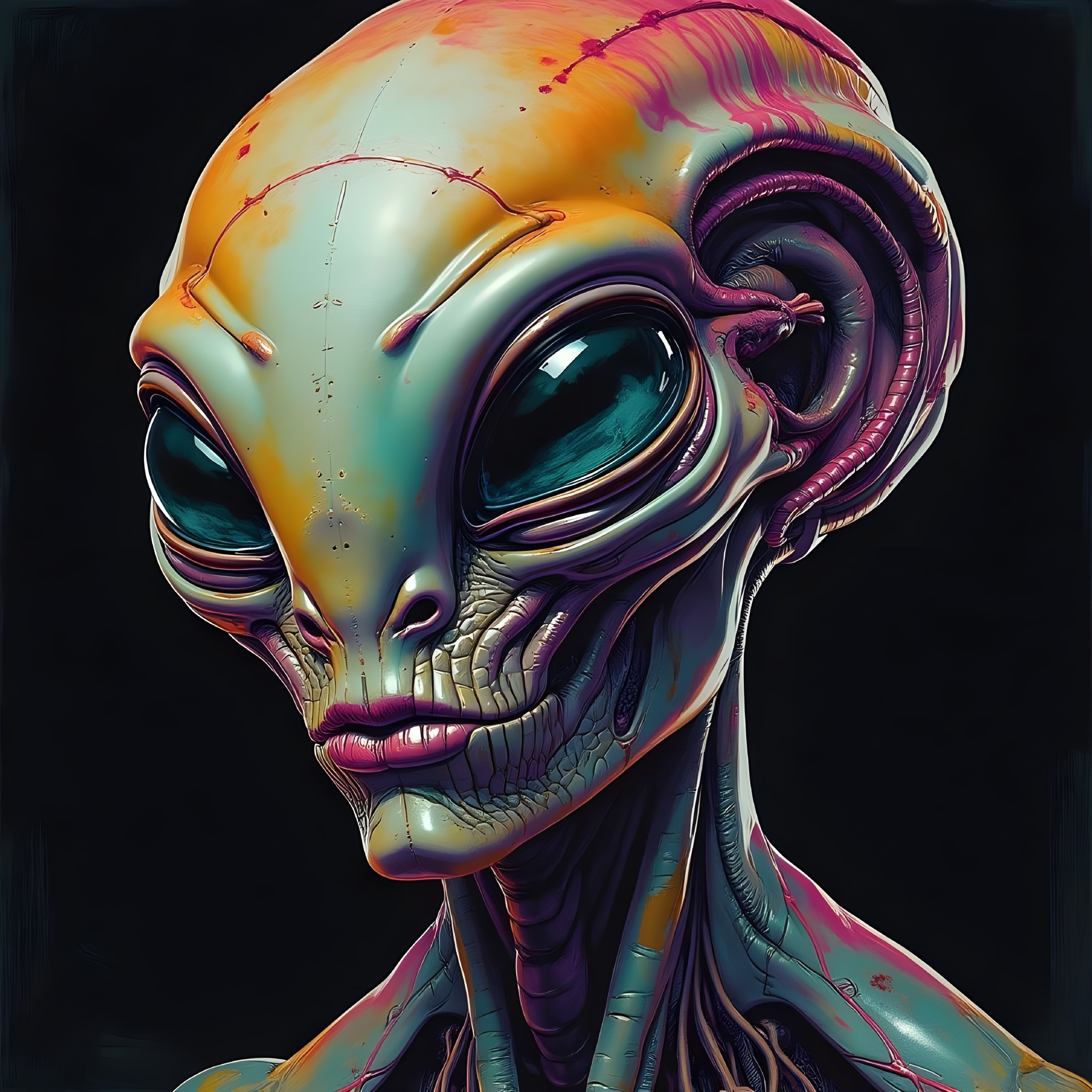 Surreal Alien Figure with Vibrant Skin and Features