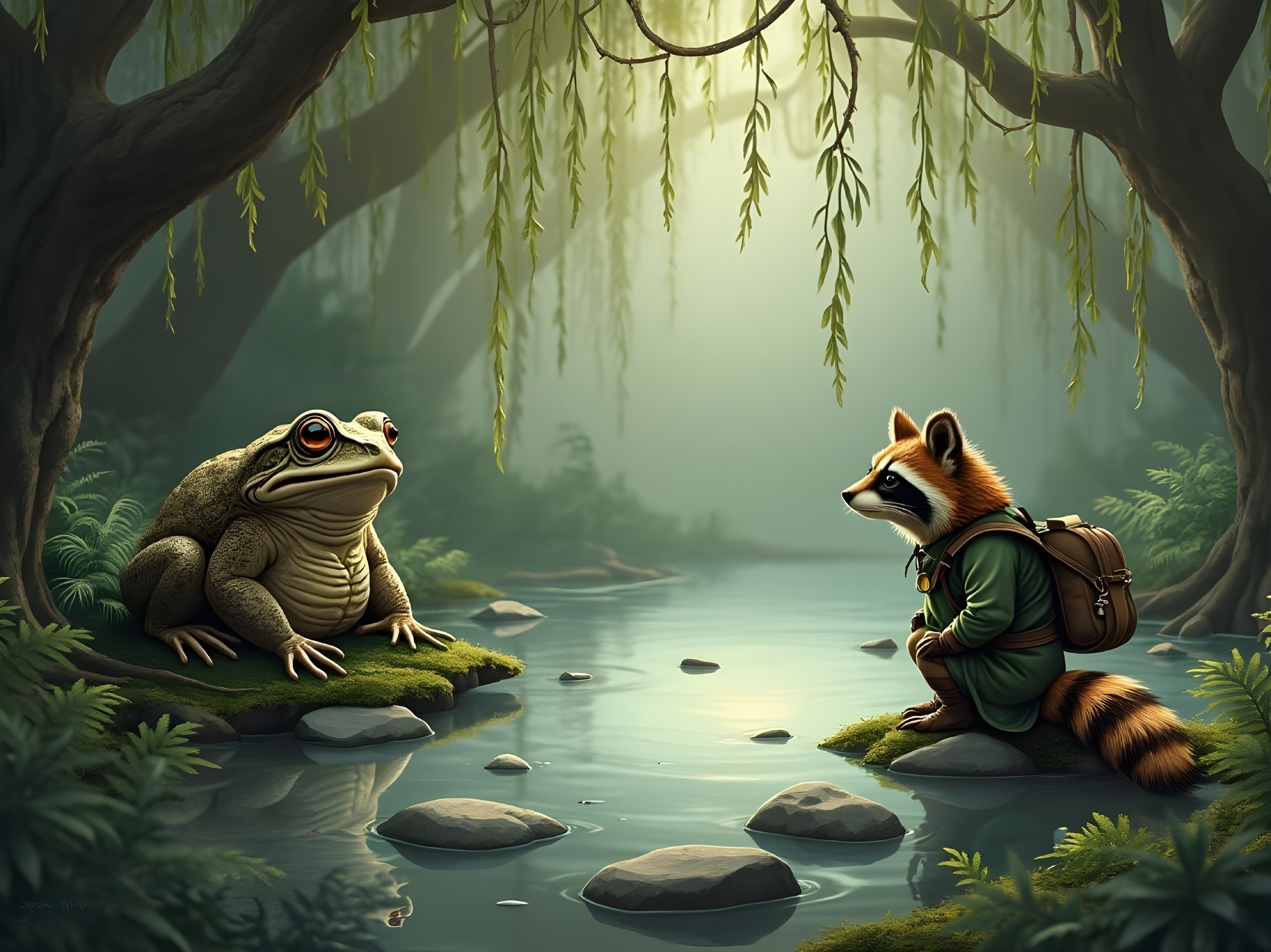 Toad and Raccoon in a Mystical Forest Setting