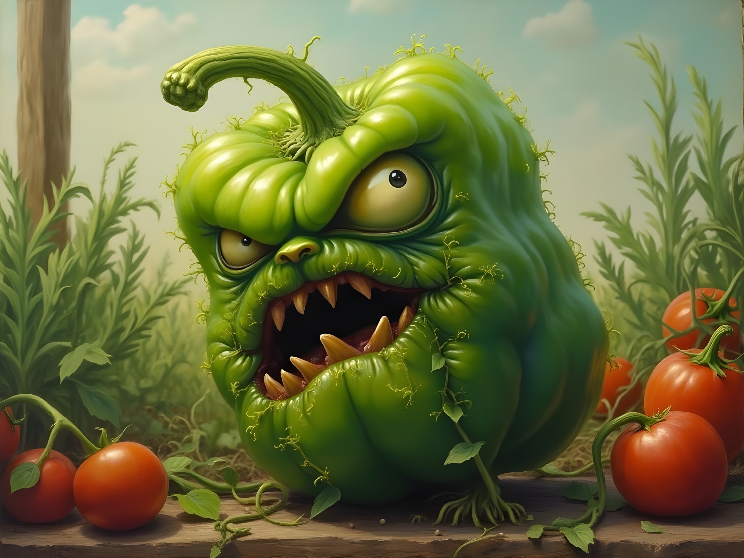 Whimsical Green Creature Among Ripe Red Tomatoes