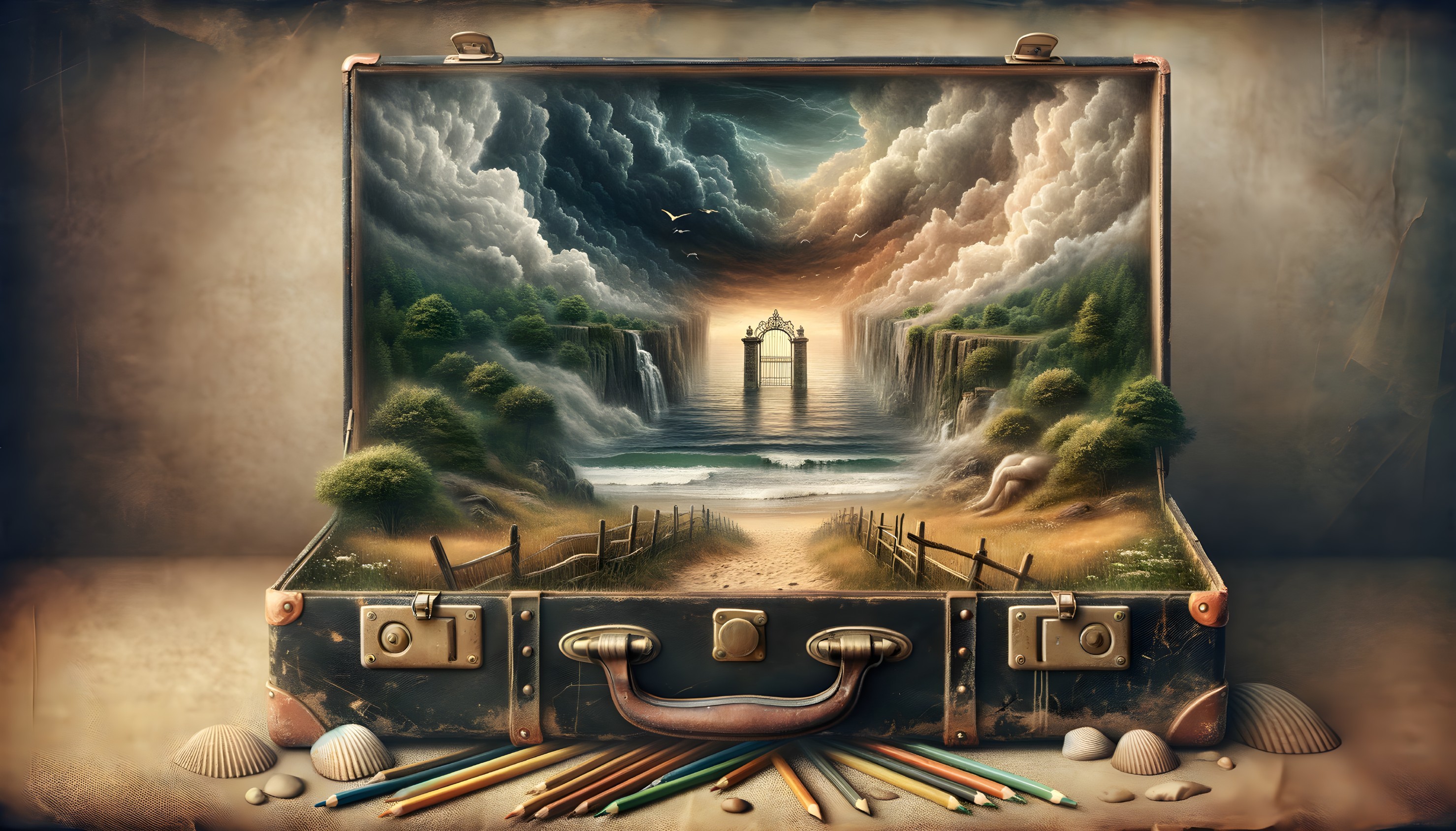 Surreal beach scene with waterfalls, stormy skies, lighthouse, and colored pencils.