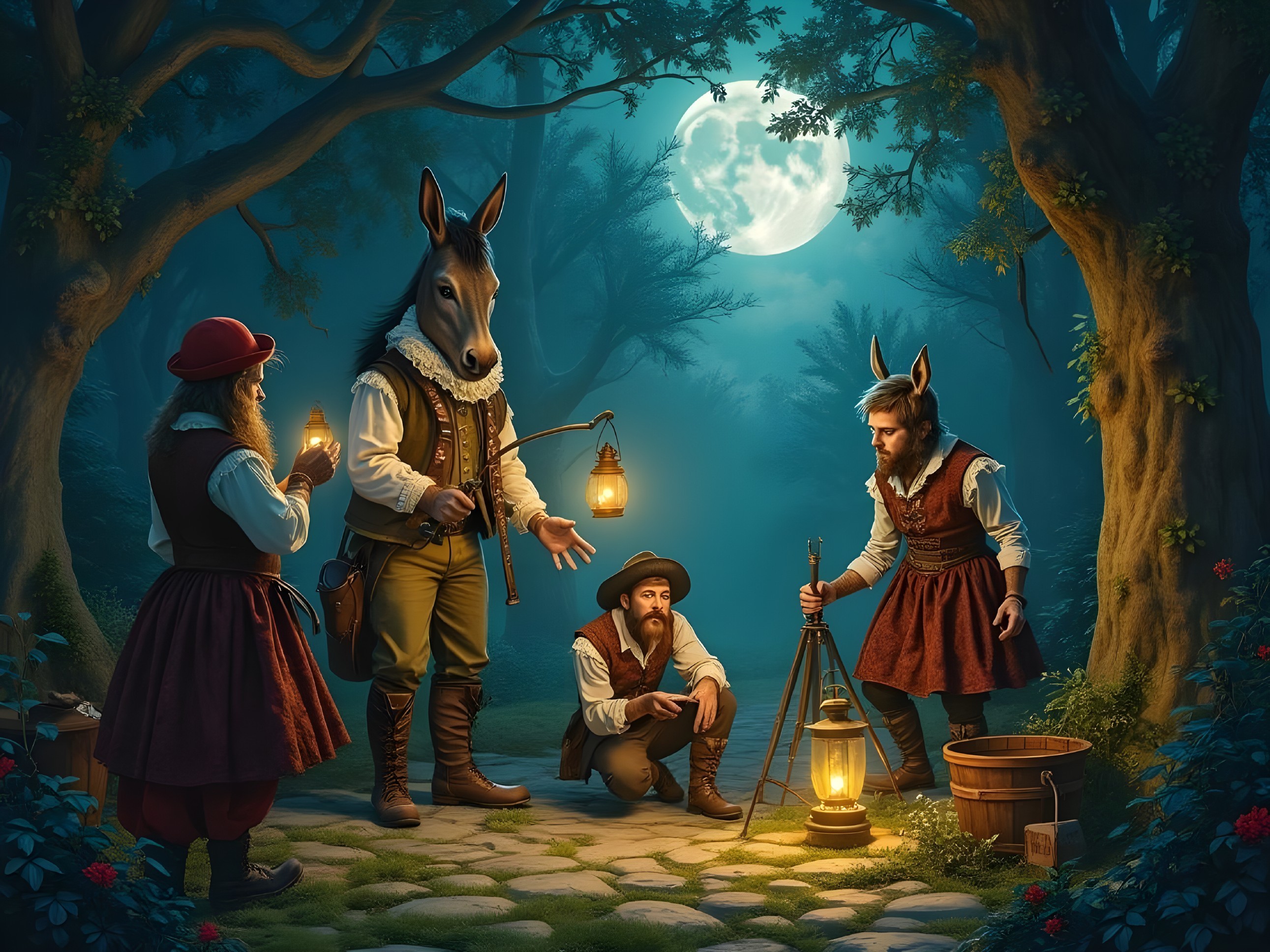 Whimsical Characters Gather in Moonlit Forest Scene