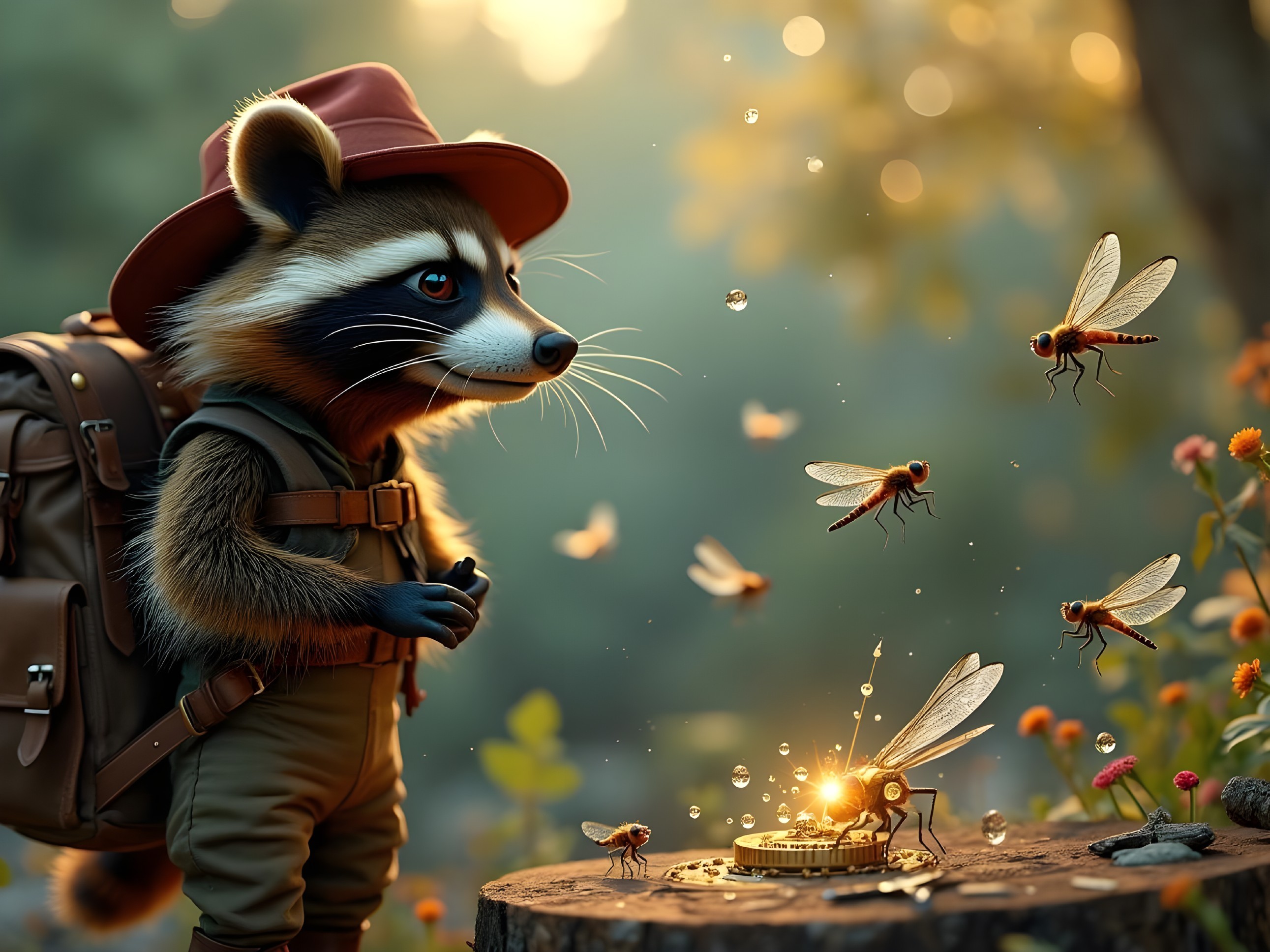 Raccoon in Forest with Fireflies and Treasure Chest