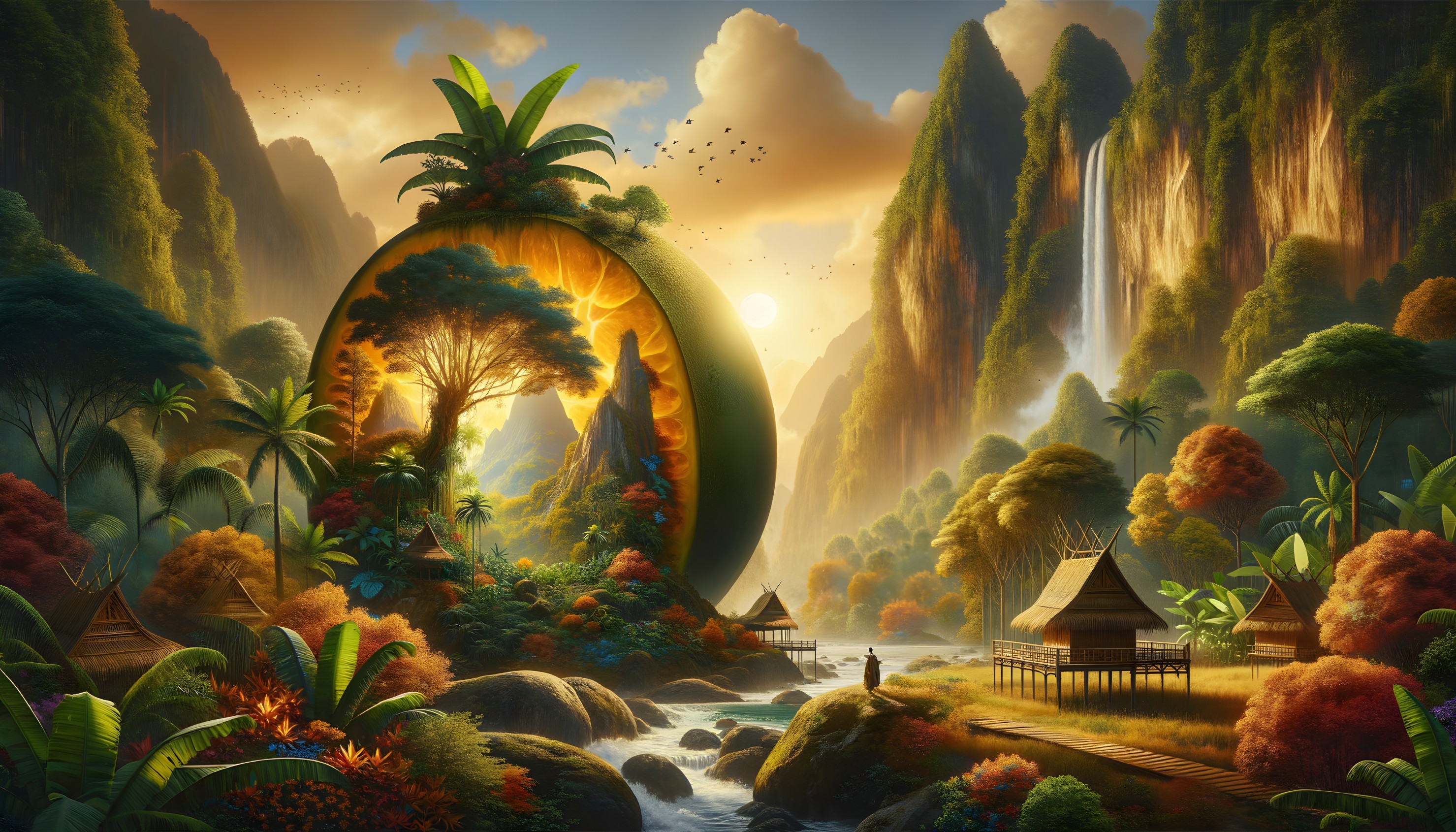 Vibrant Tropical Landscape with Orange Slice Framing