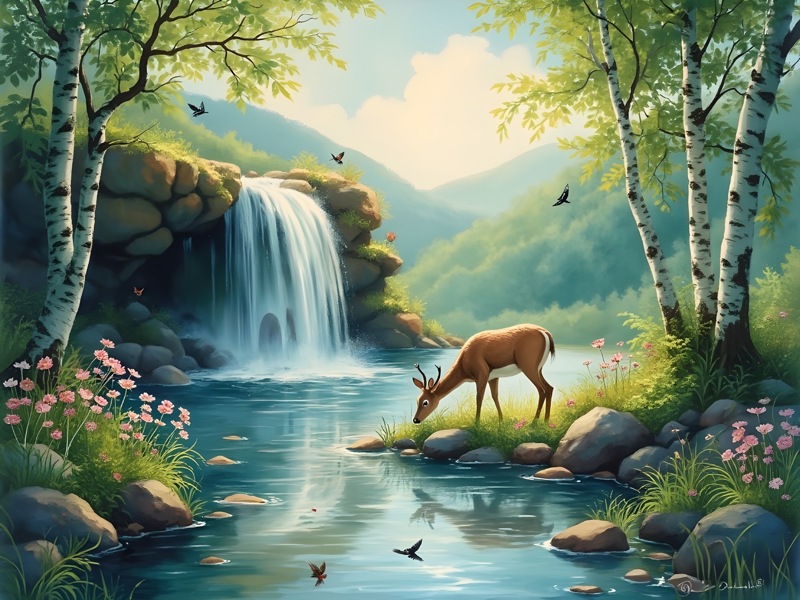 Serene Landscape with Waterfall and Wildlife Scene