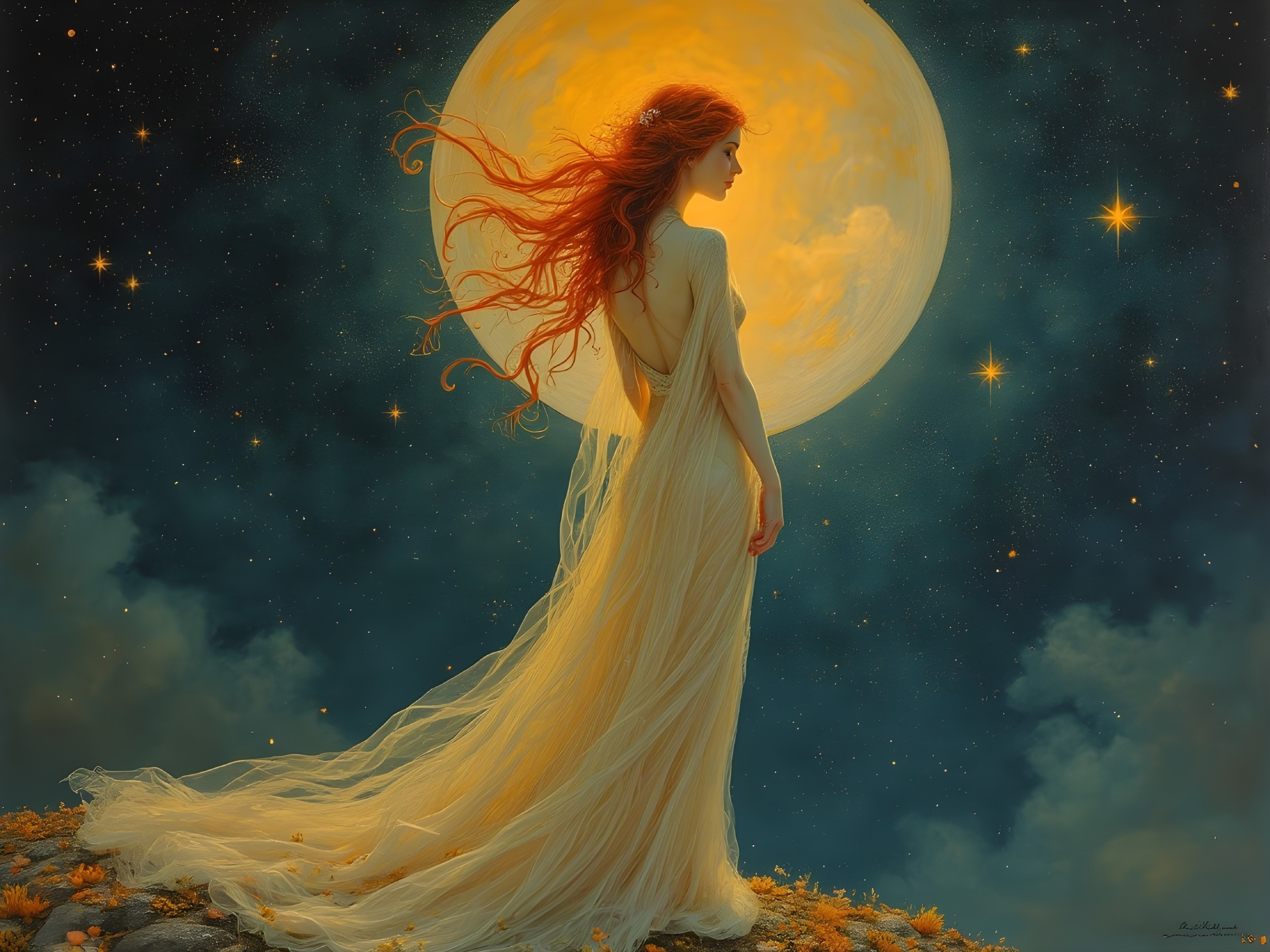 Mystical figure in ethereal gown under full moon