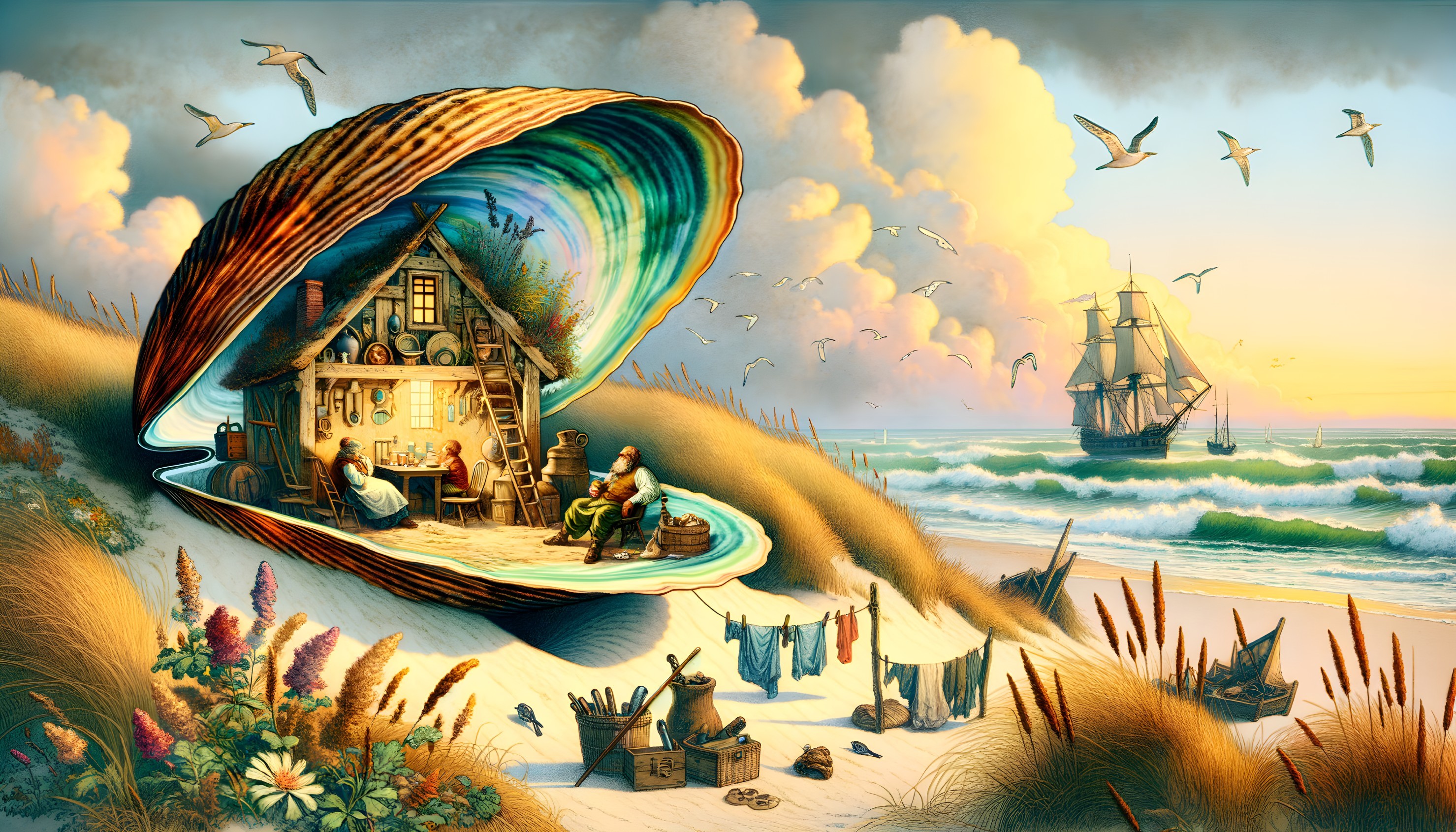 Whimsical Seashell Interior on Sandy Beach Scene