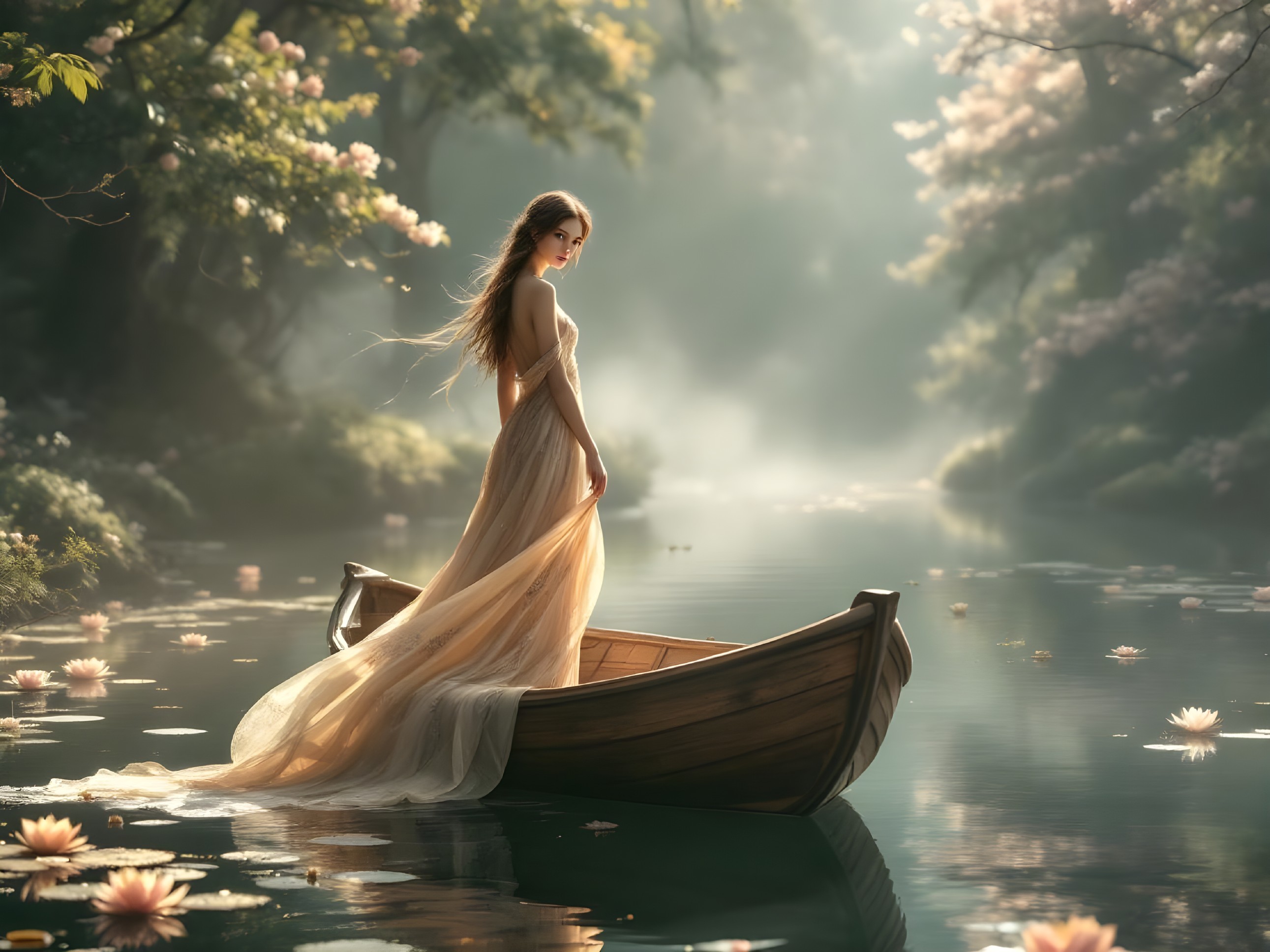 Young Woman in Wooden Boat on Tranquil River