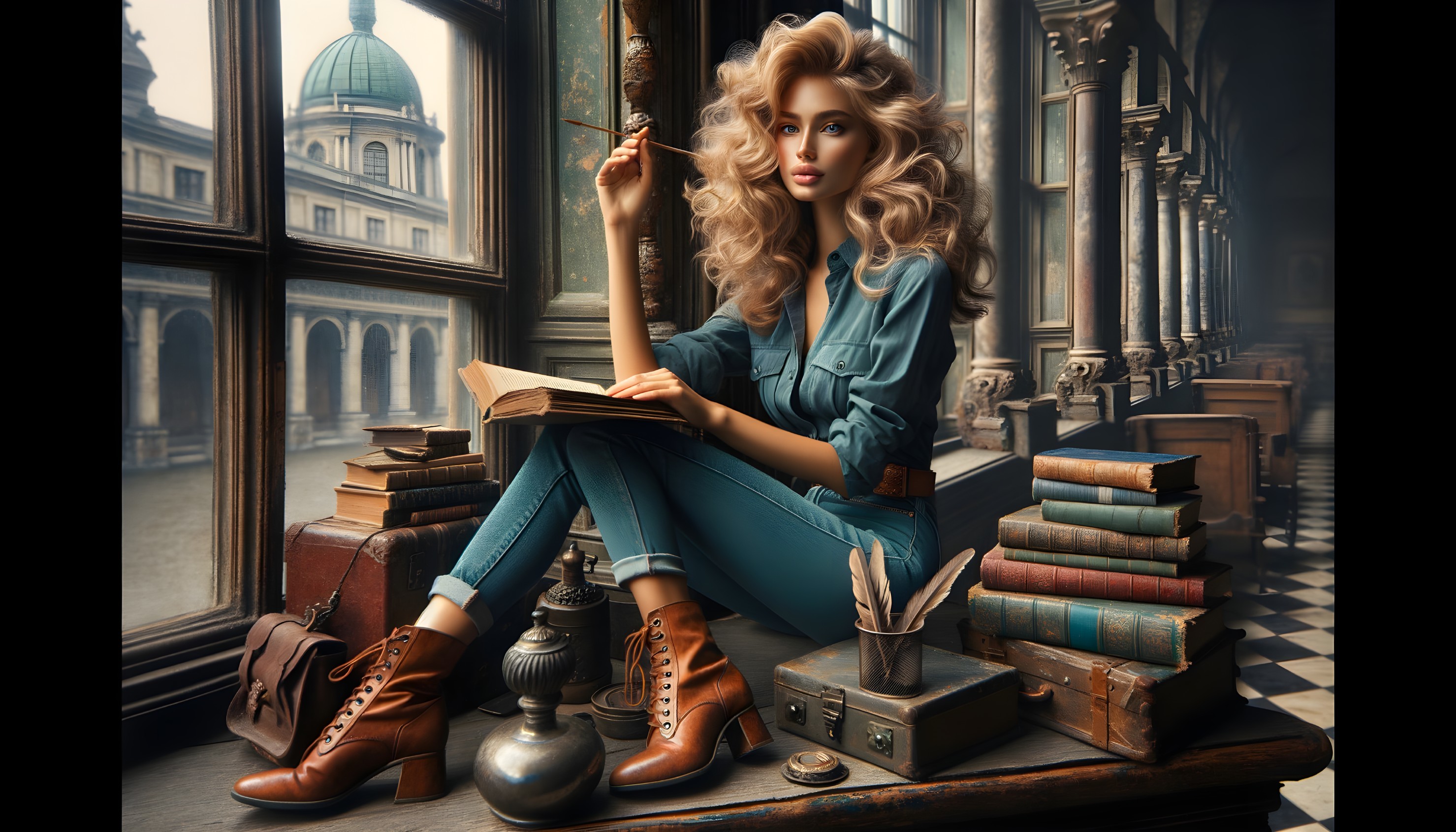 Young Woman in Denim Outfit Reading in Library