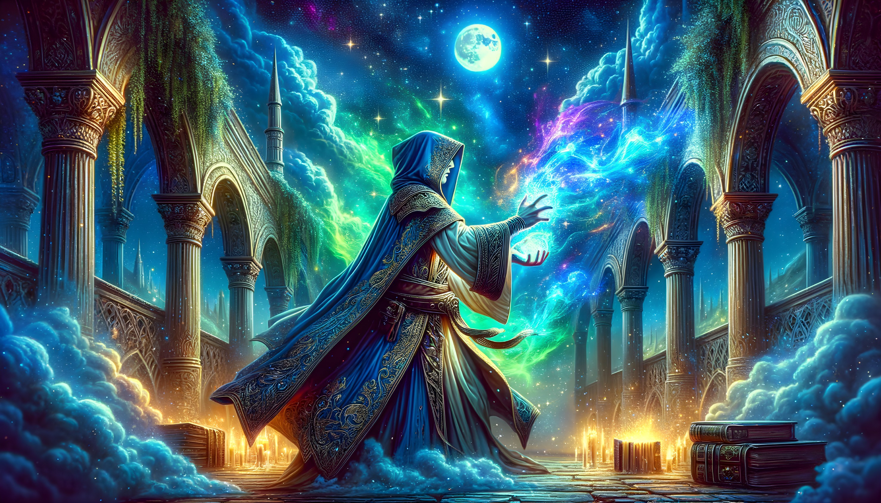 Cloaked figure in majestic hall conjuring cosmic energy