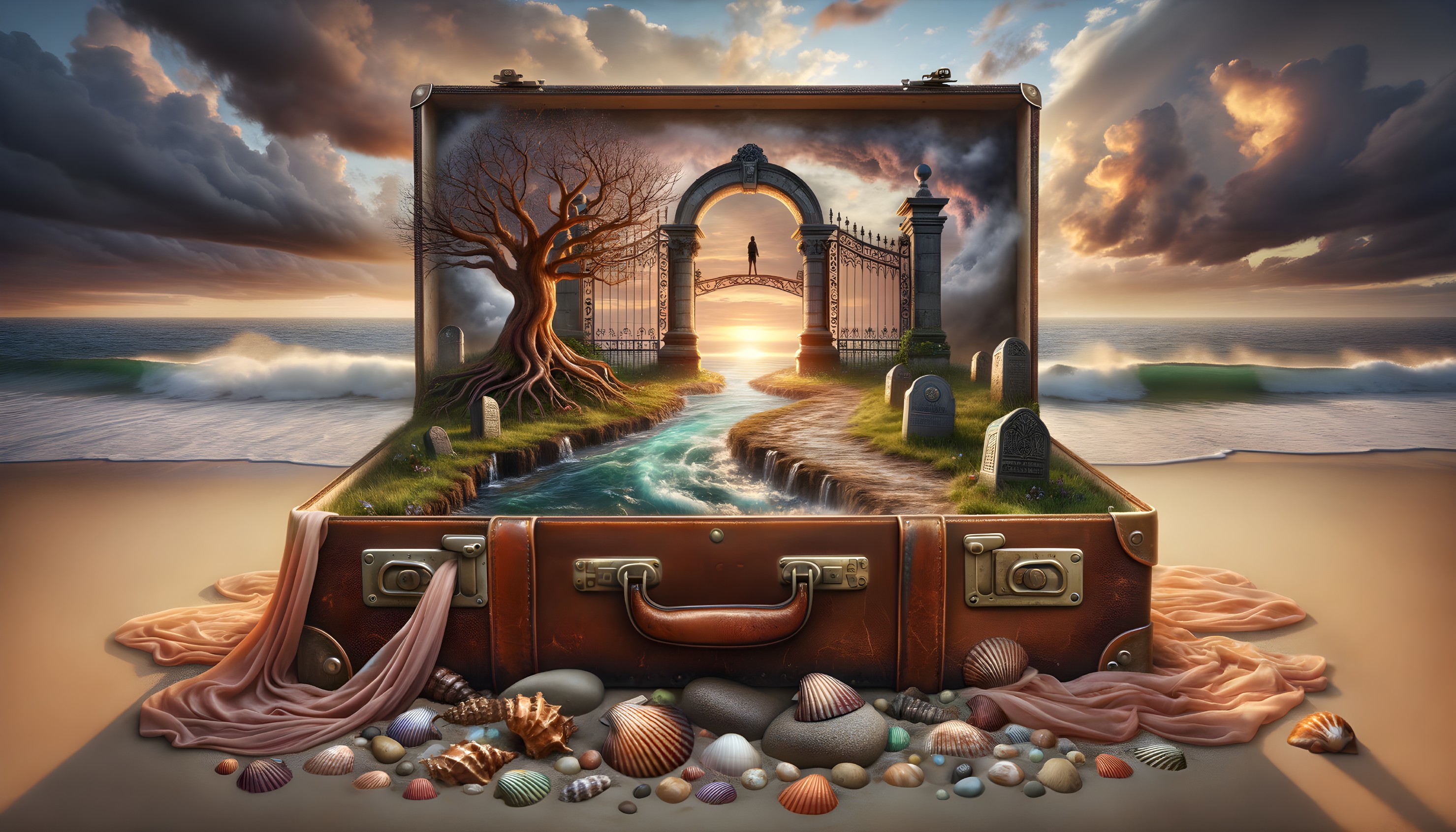 Surreal Scene of a Suitcase with River and Archway