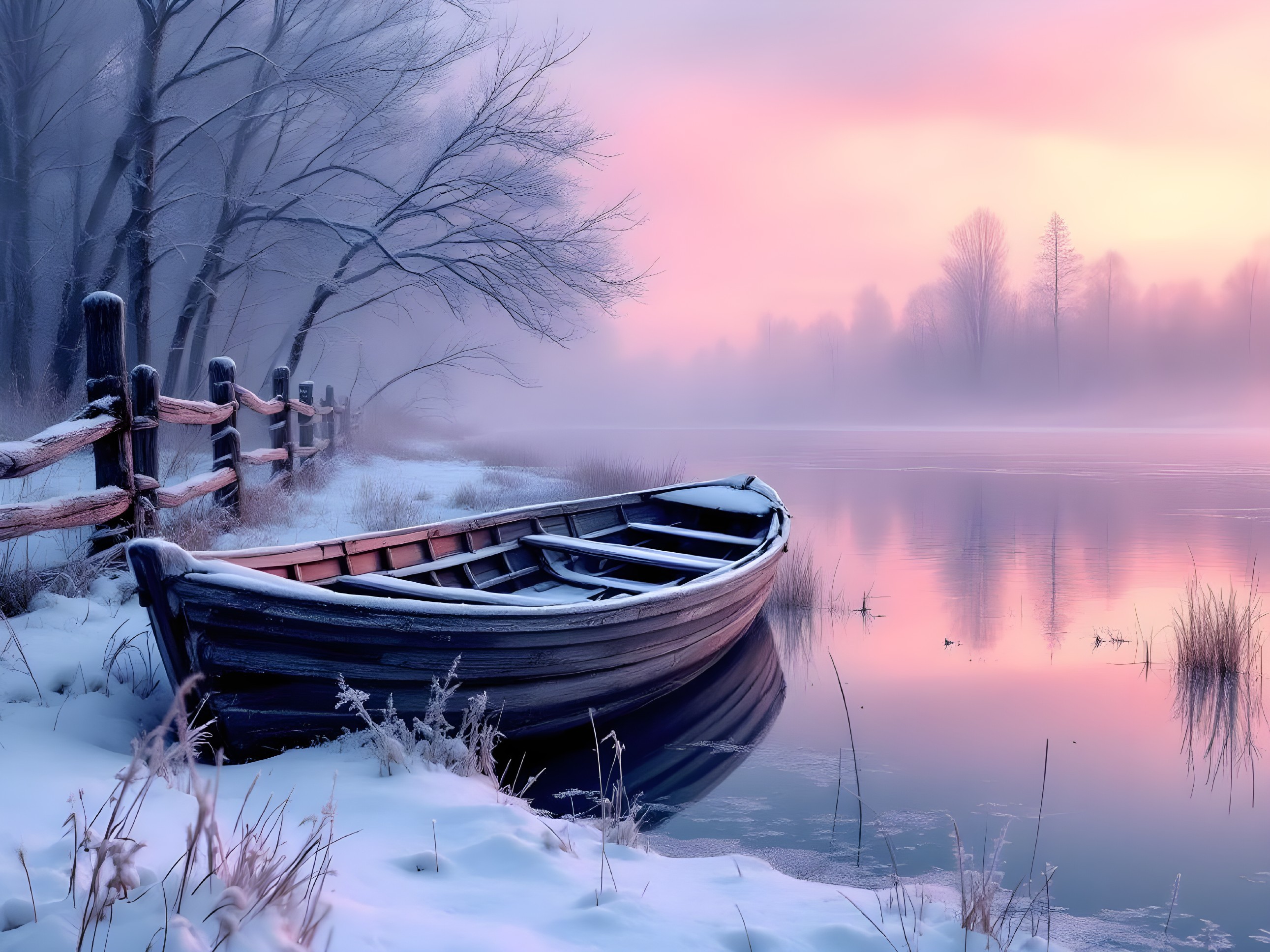 Tranquil winter scene by a misty river at sunrise