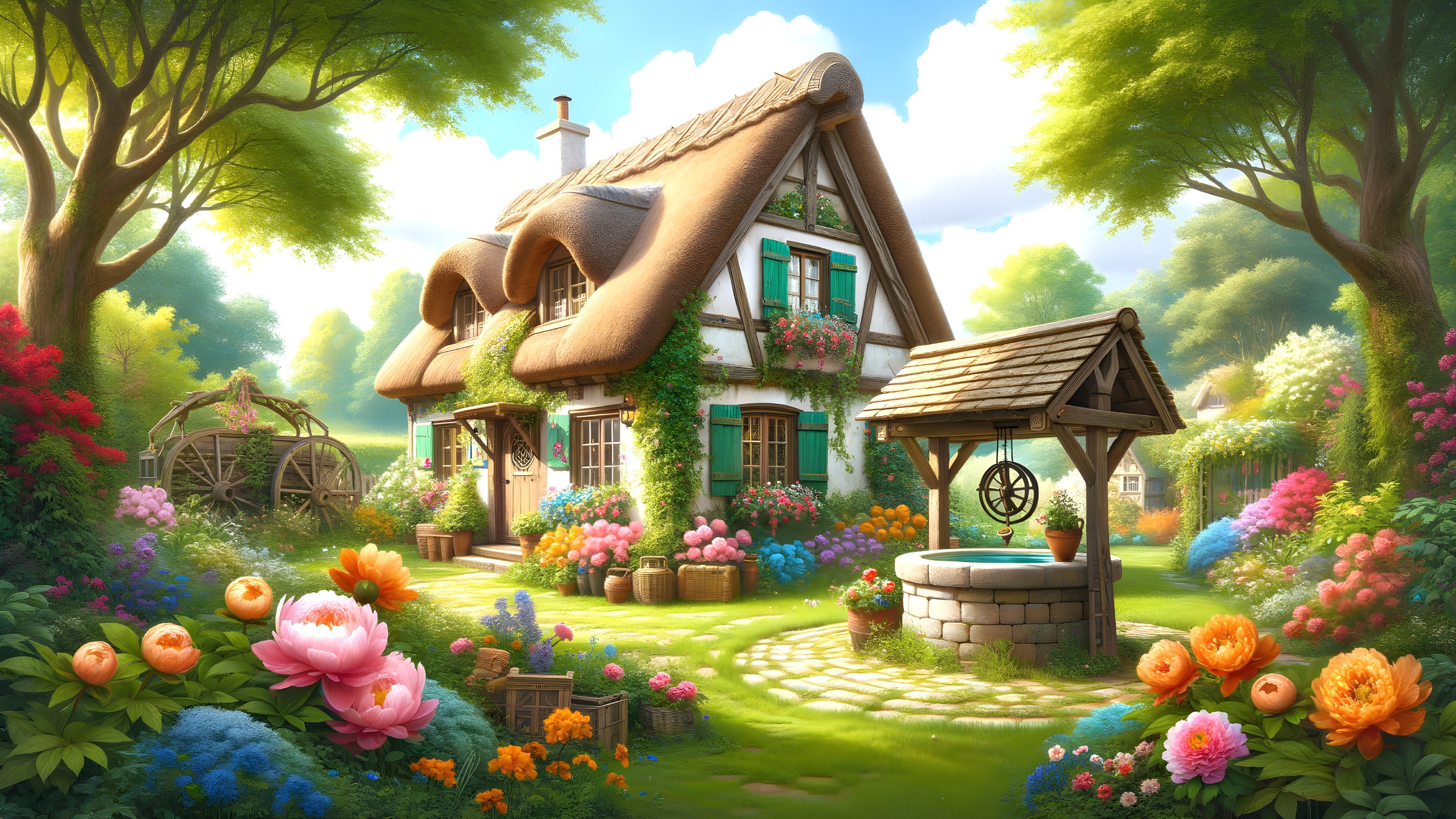 Charming Cottage Surrounded by Colorful Garden Flowers
