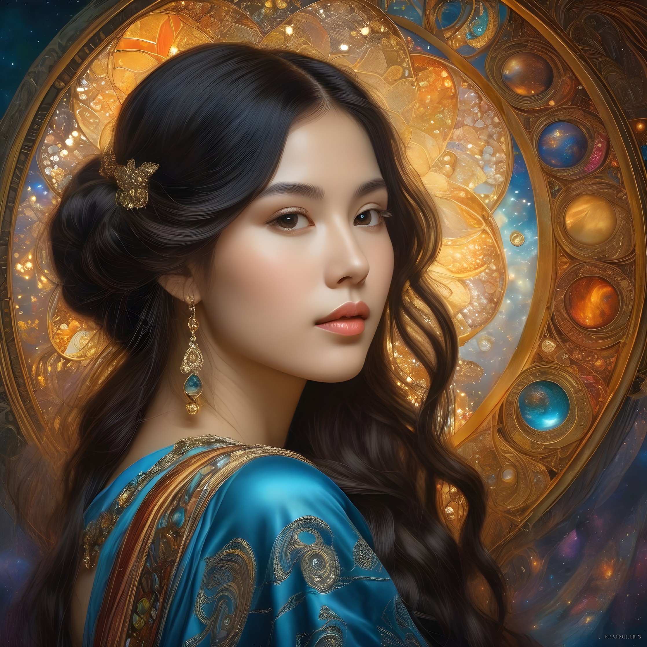 Young woman in blue with black hair and golden patterns
