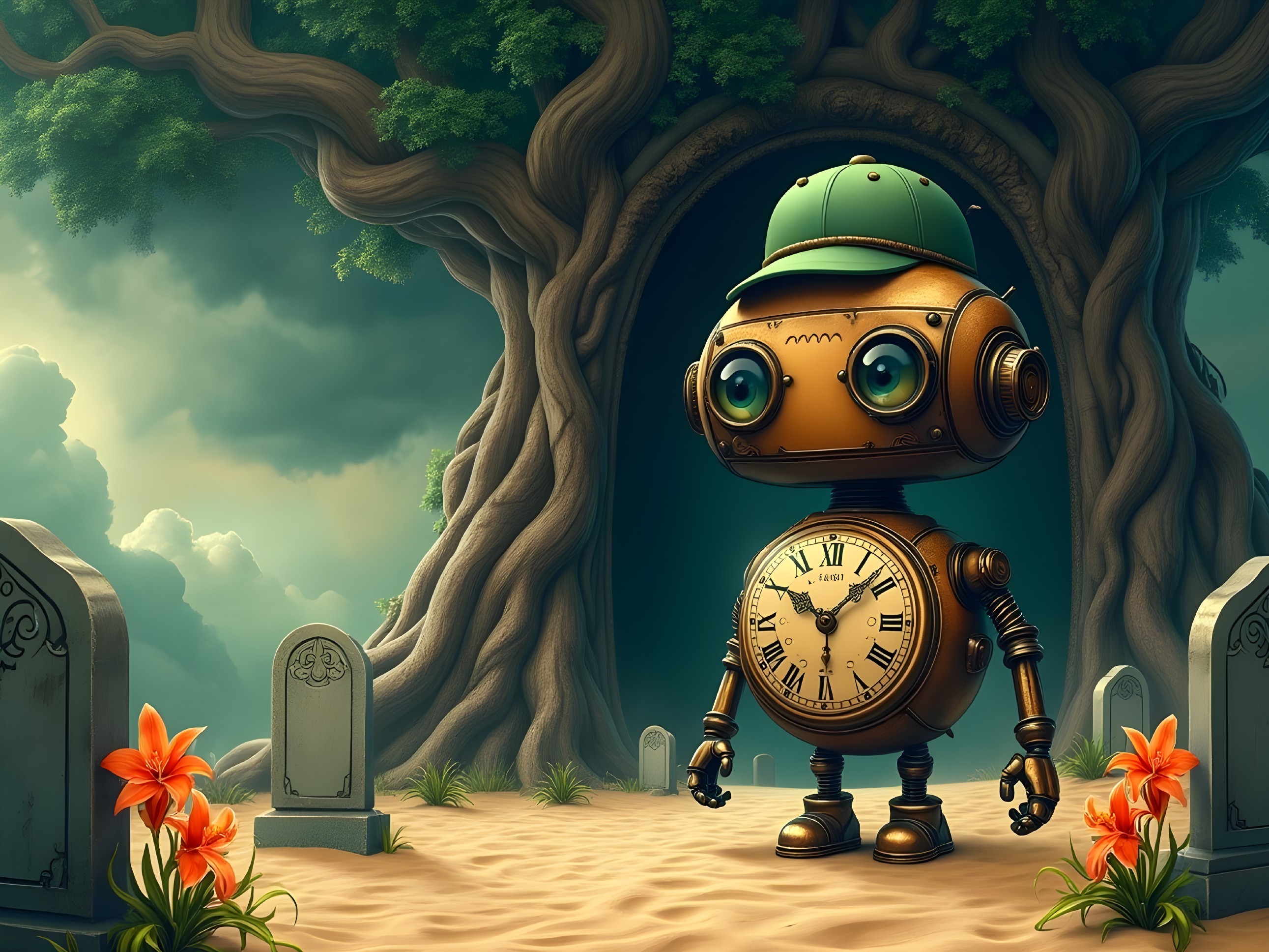 Whimsical Robot in Enchanted Graveyard Setting