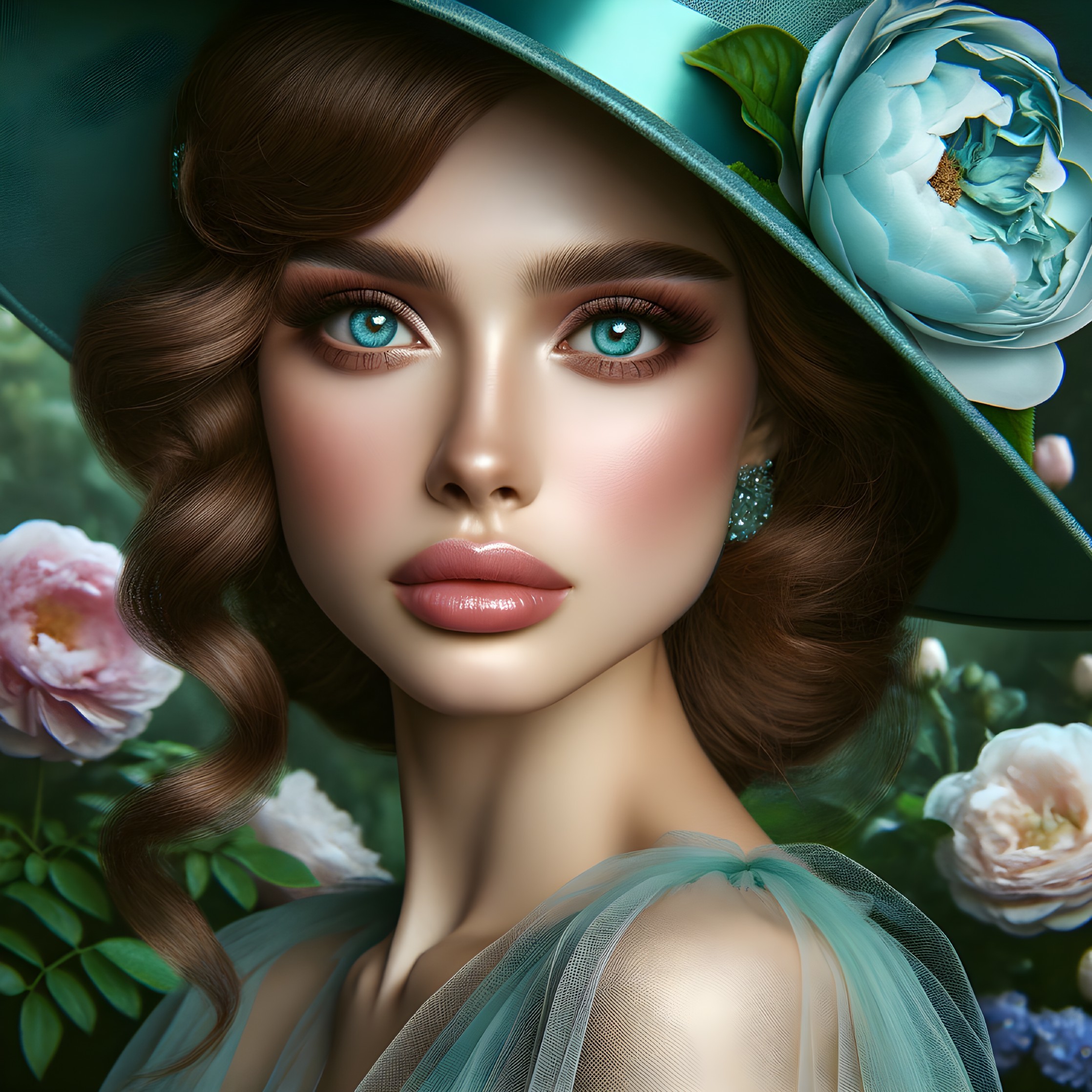 Portrait of a Young Woman with Blue Eyes and Teal Hat