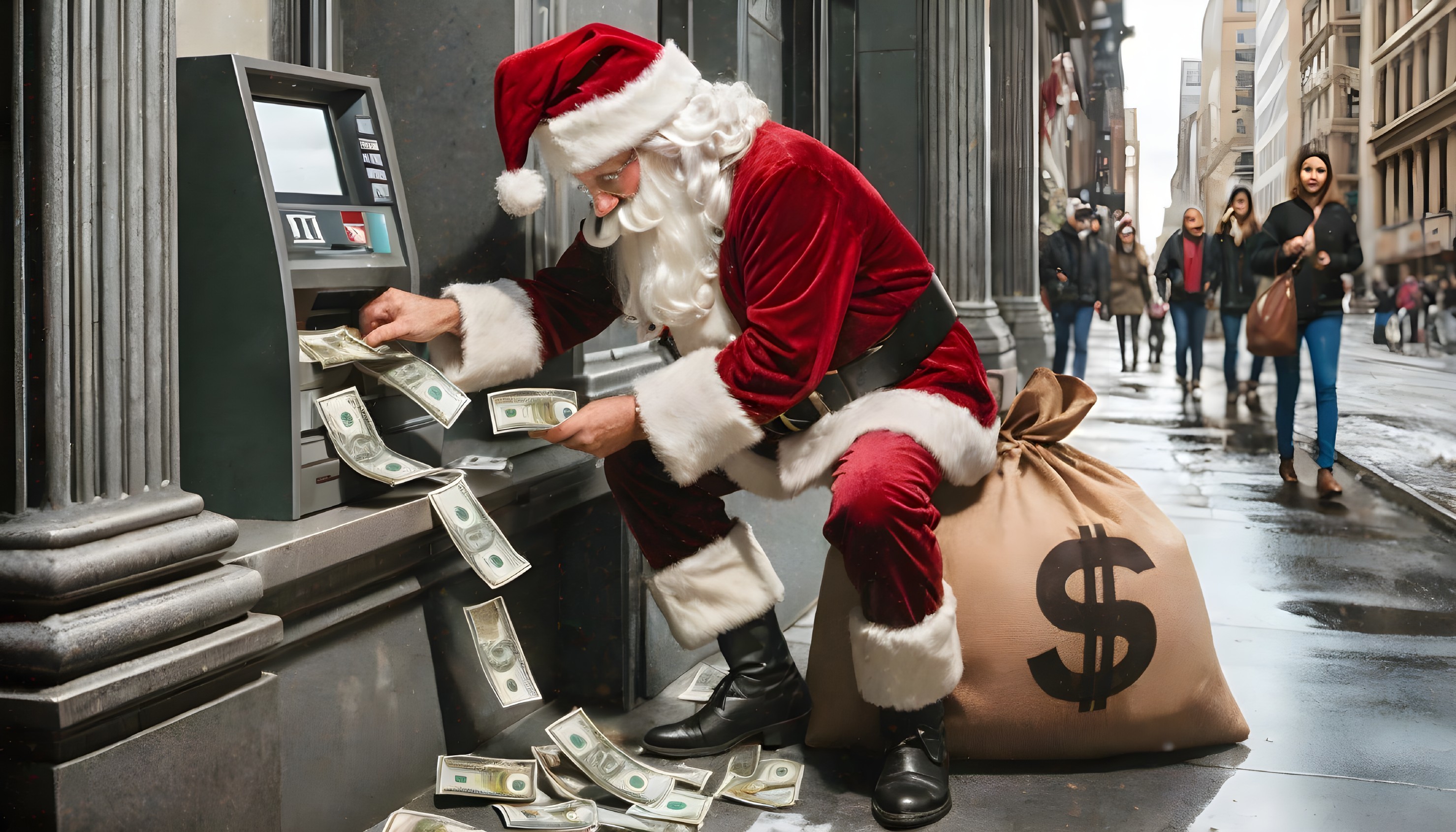 Santa Claus withdrawing cash from ATM with money sack on busy street