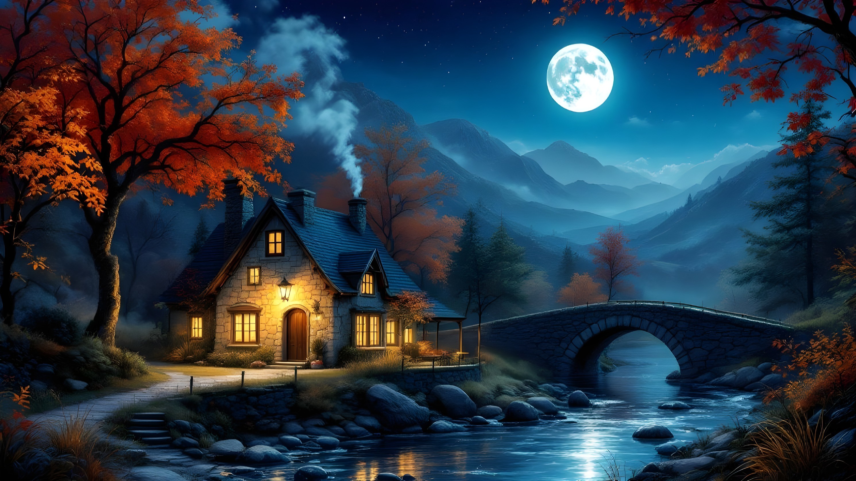 Cozy Stone Cottage in Autumn Night Landscape